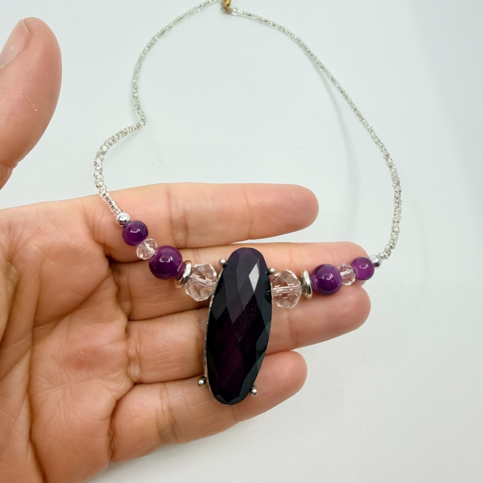 Vintage Silver Tone Purple Stone Statement Necklace Bold Chunky Retro Y2K Boho - Thumbnail 7