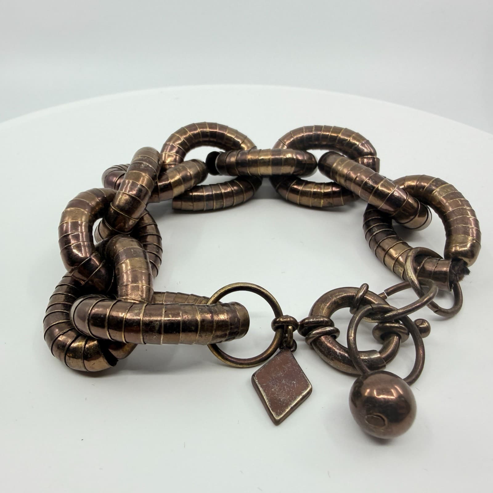 Vintage Sequin Bronze Tone Chunky Wide Link Bracelet Statement Boho Rustic 90s - Thumbnail 2