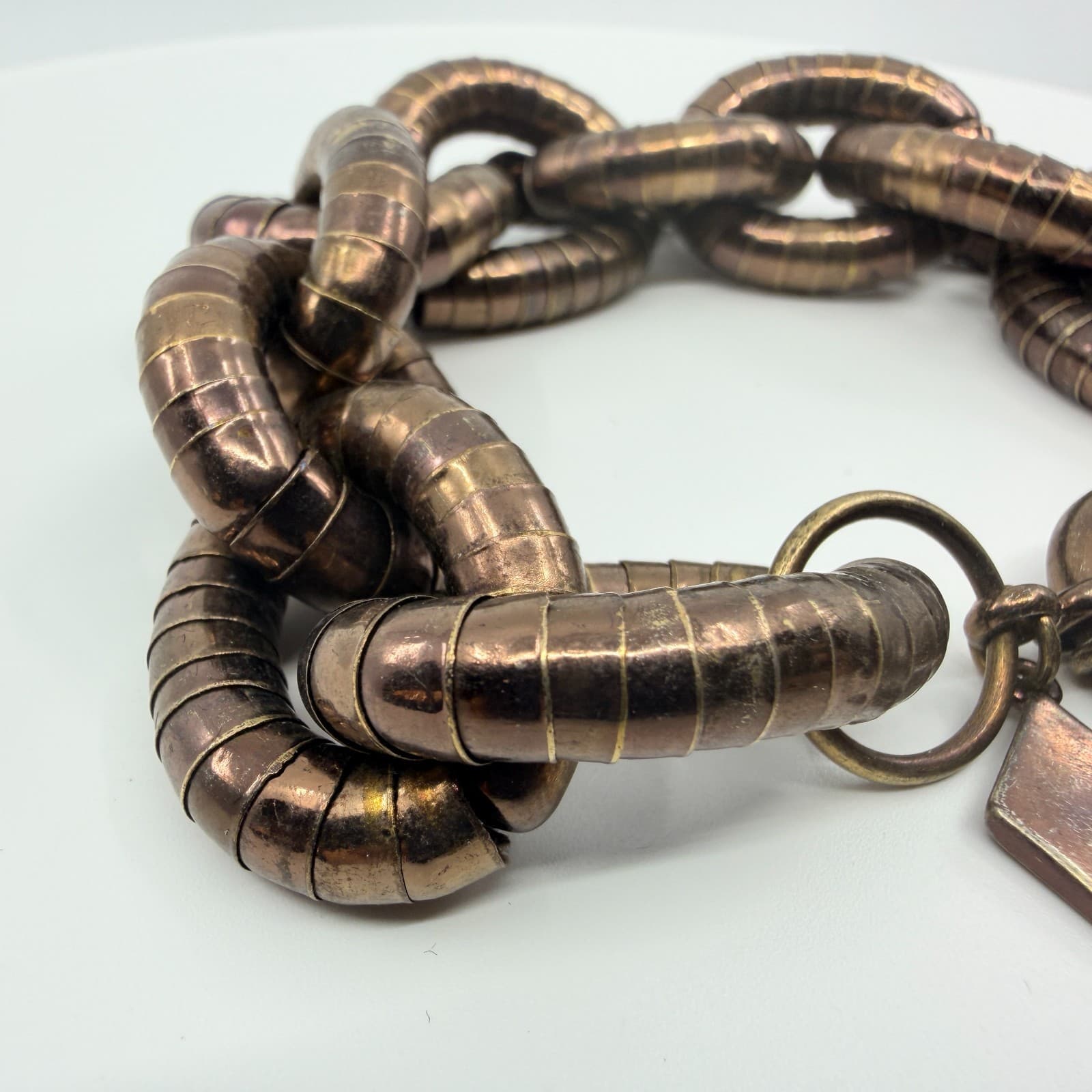 Vintage Sequin Bronze Tone Chunky Wide Link Bracelet Statement Boho Rustic 90s - Thumbnail 3
