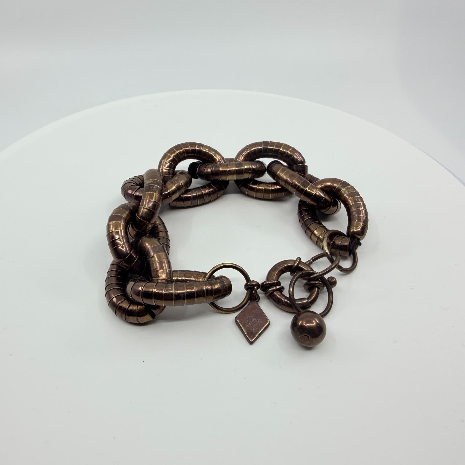 Vintage Sequin Bronze Tone Chunky Wide Link Bracelet Statement Boho Rustic 90s - Thumbnail 4