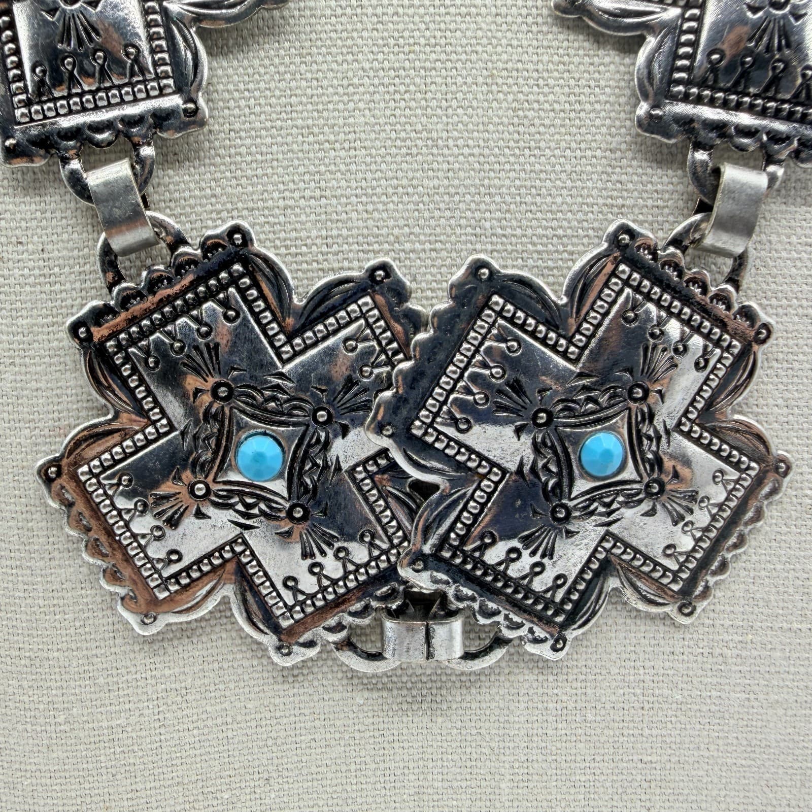 Vintage Southwestern Silver Tone Cross Bib Necklace Turquoise Tone Statement 90s - Thumbnail 2