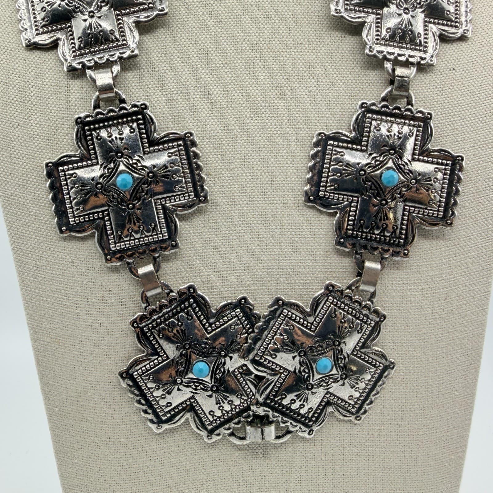 Vintage Southwestern Silver Tone Cross Bib Necklace Turquoise Tone Statement 90s - Thumbnail 3