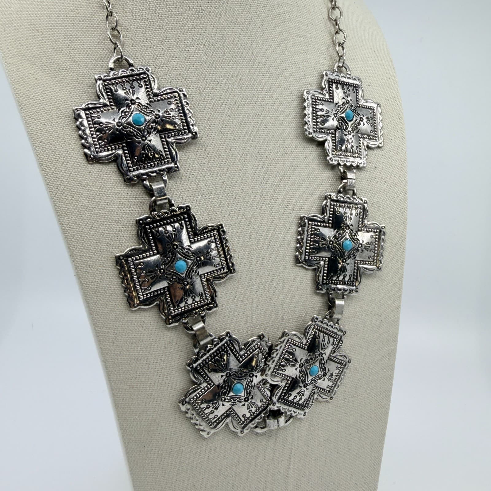 Vintage Southwestern Silver Tone Cross Bib Necklace Turquoise Tone Statement 90s - Thumbnail 5