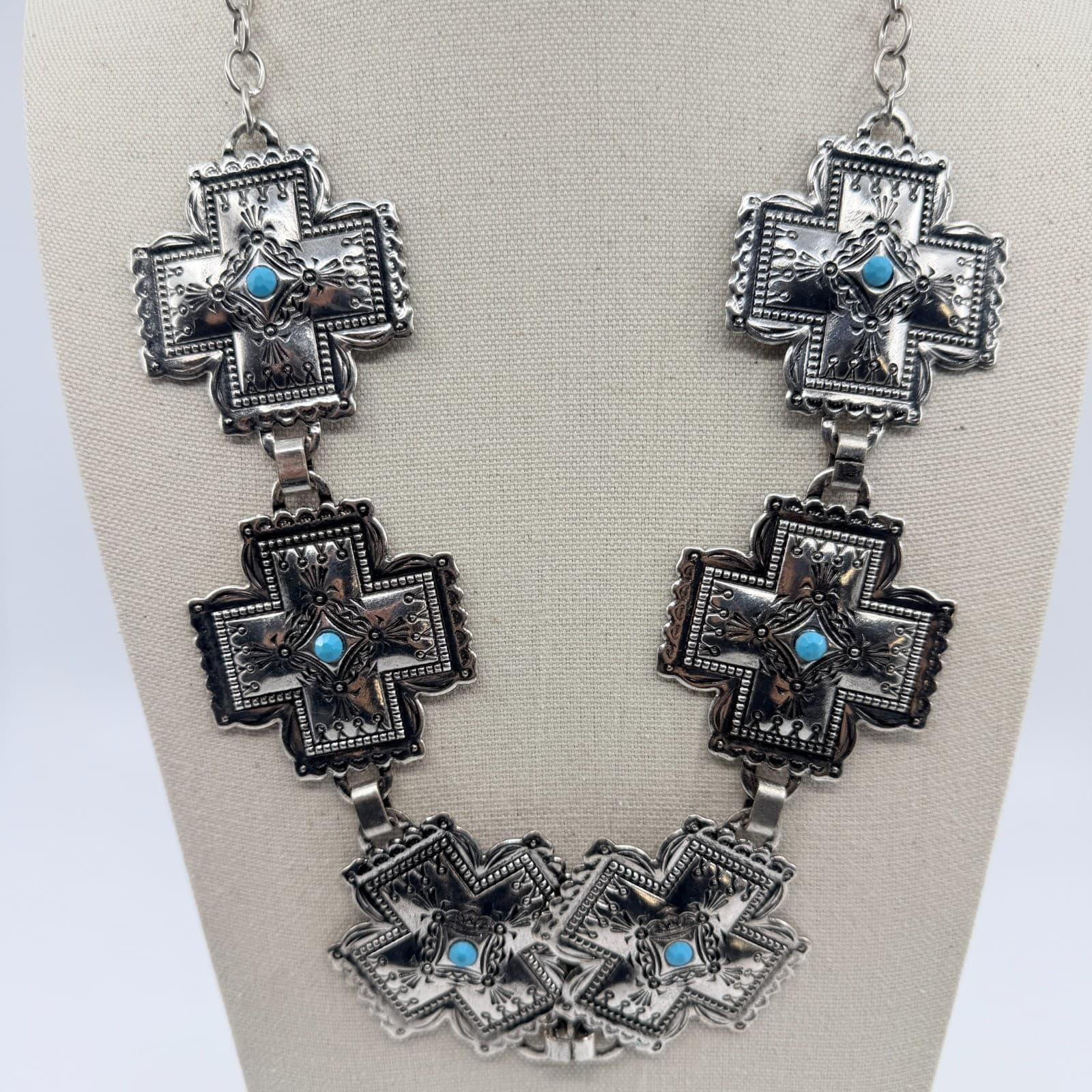 Vintage Southwestern Silver Tone Cross Bib Necklace Turquoise Tone Statement 90s - Thumbnail 6