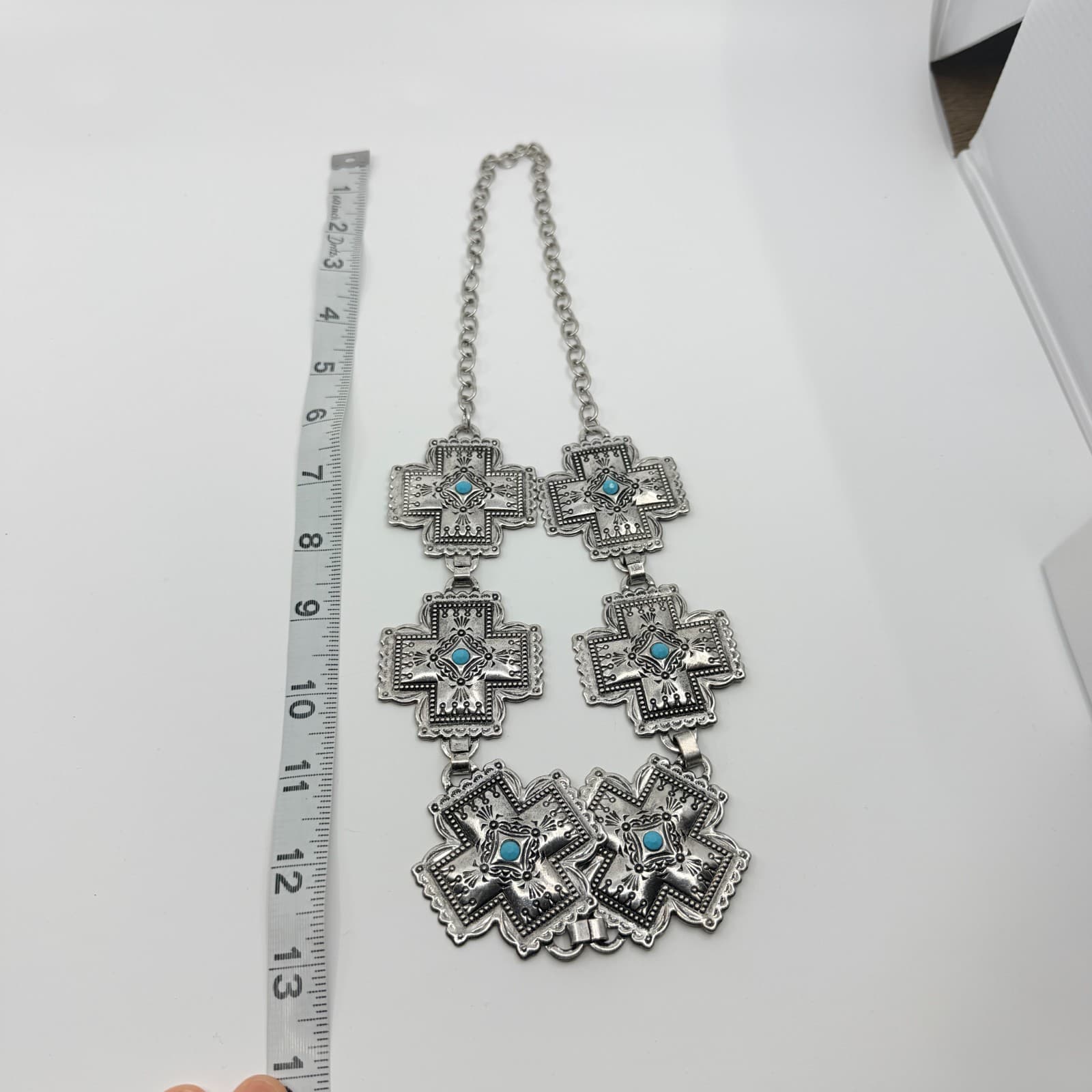 Vintage Southwestern Silver Tone Cross Bib Necklace Turquoise Tone Statement 90s - Thumbnail 7