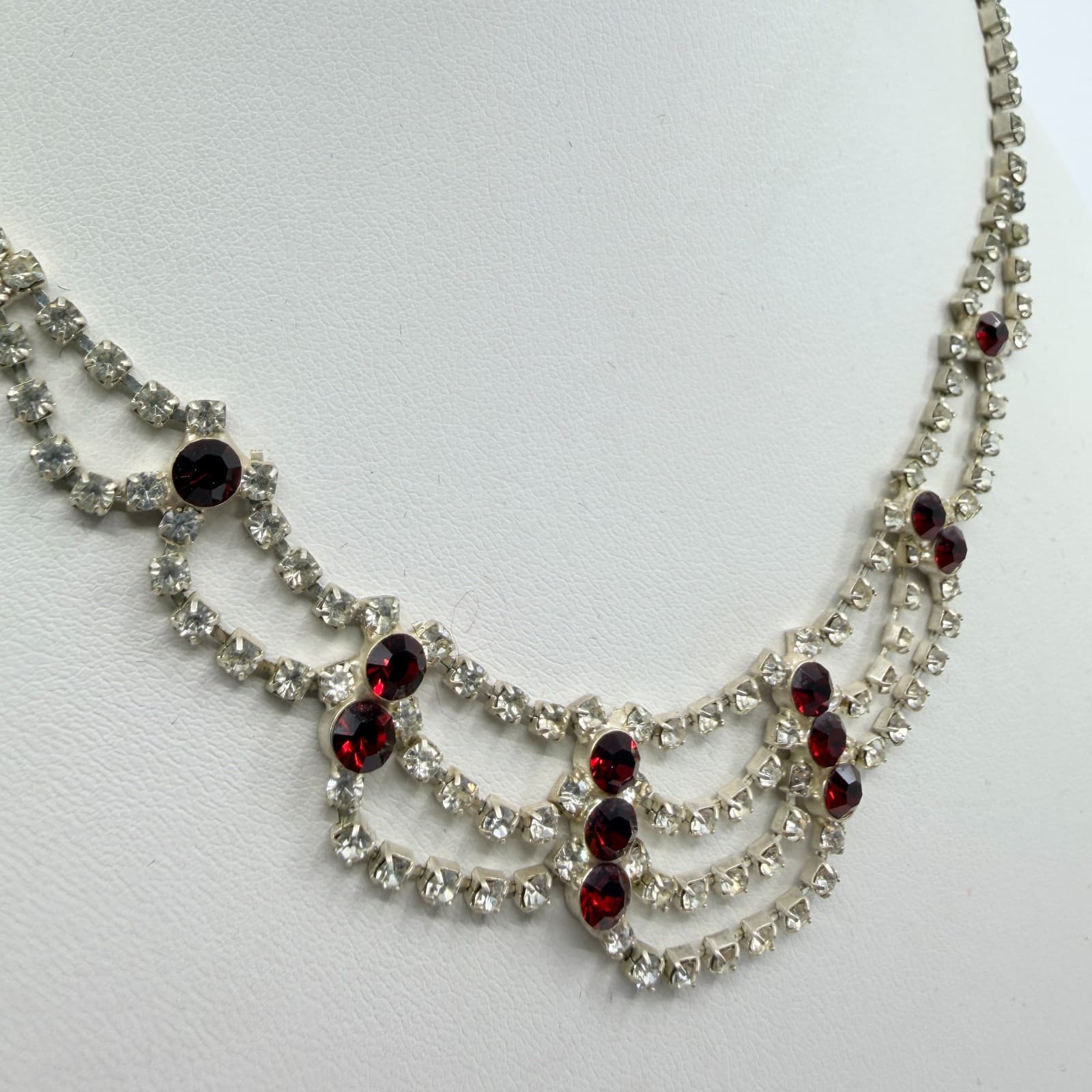 Vintage Red Clear Rhinestone Necklace Silver Tone Bib Tiered Statement Bold Y2K - Thumbnail 4