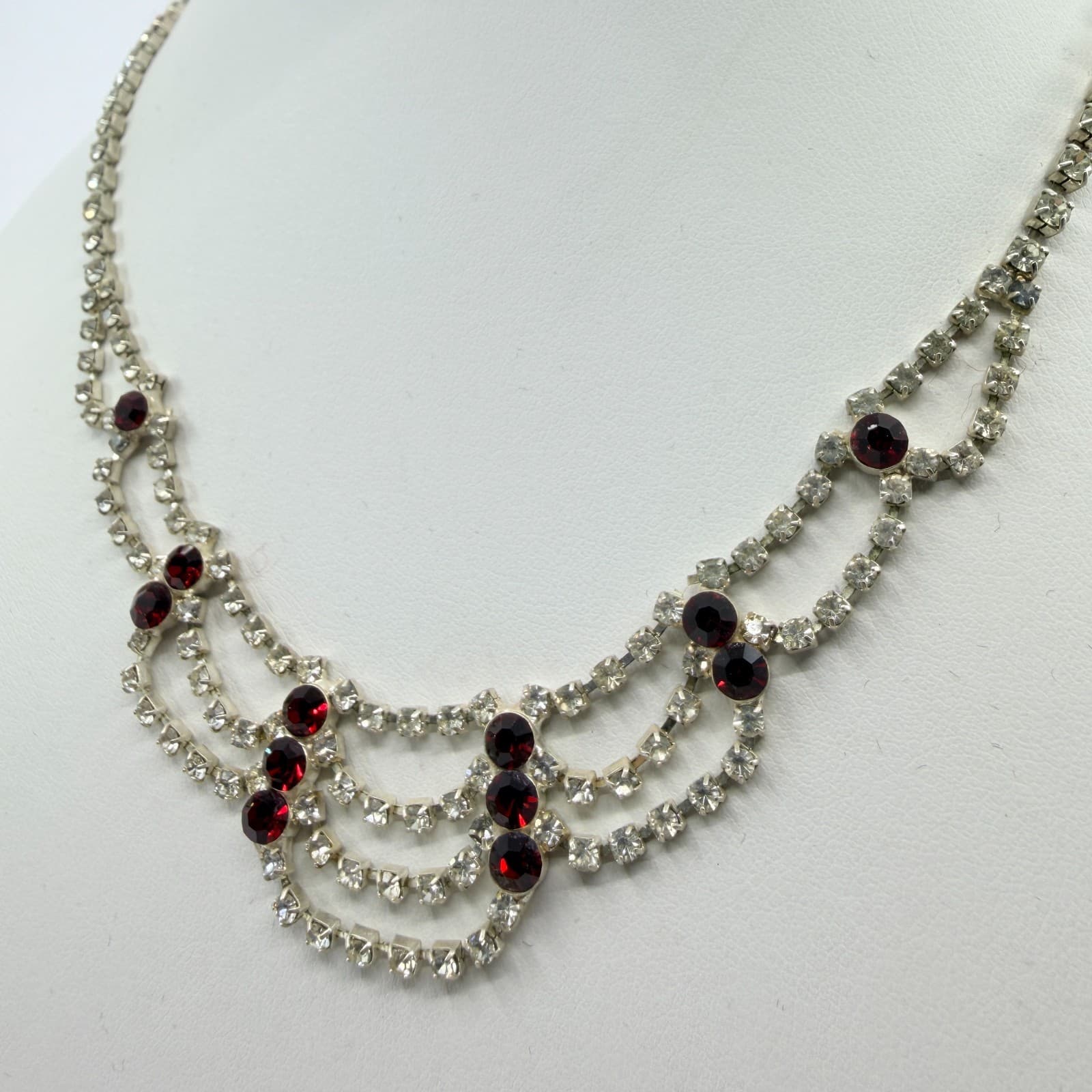 Vintage Red Clear Rhinestone Necklace Silver Tone Bib Tiered Statement Bold Y2K - Thumbnail 5