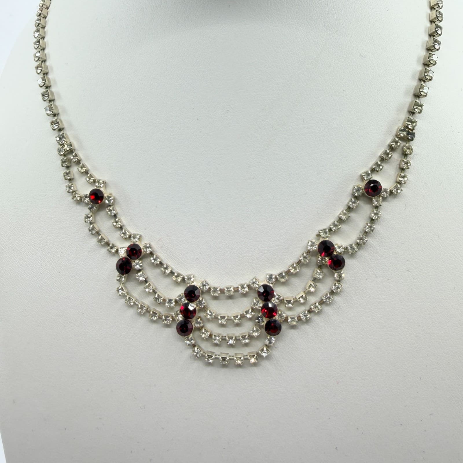 Vintage Red Clear Rhinestone Necklace Silver Tone Bib Tiered Statement Bold Y2K - Thumbnail 6