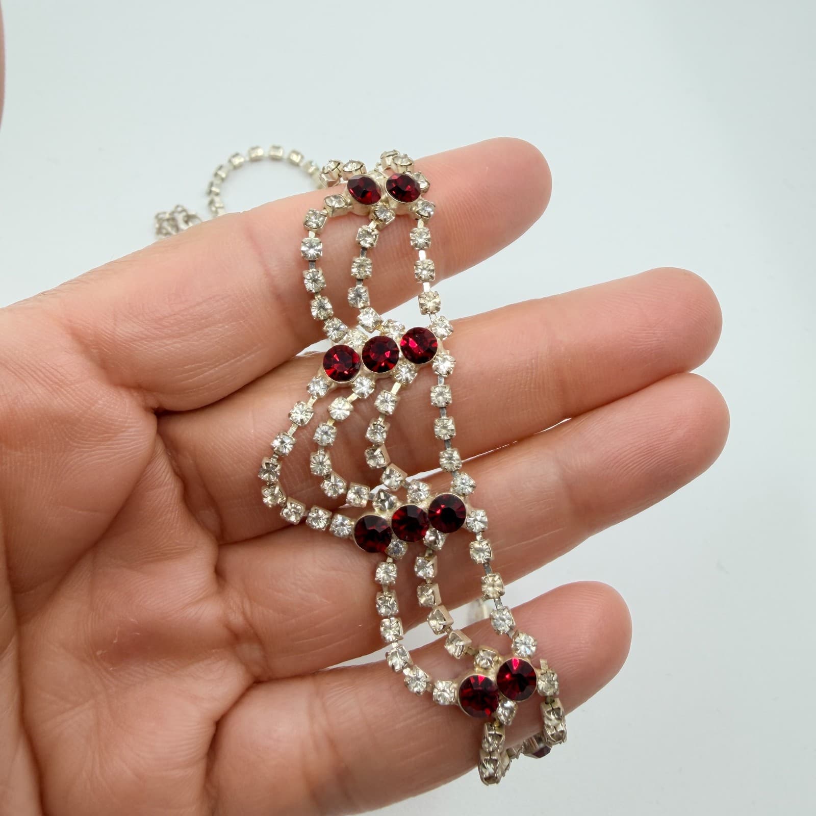Vintage Red Clear Rhinestone Necklace Silver Tone Bib Tiered Statement Bold Y2K - Thumbnail 8