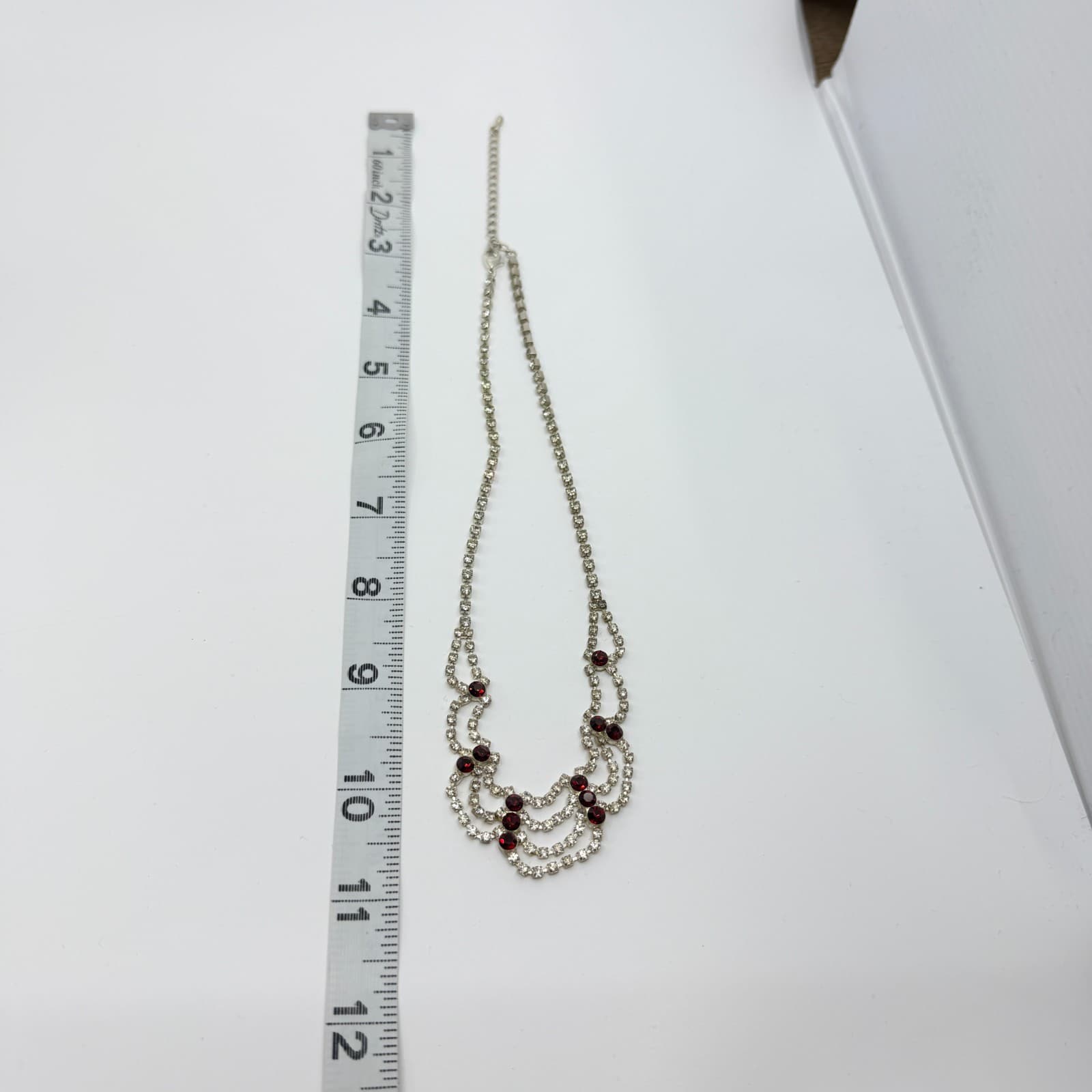 Vintage Red Clear Rhinestone Necklace Silver Tone Bib Tiered Statement Bold Y2K - Thumbnail 9