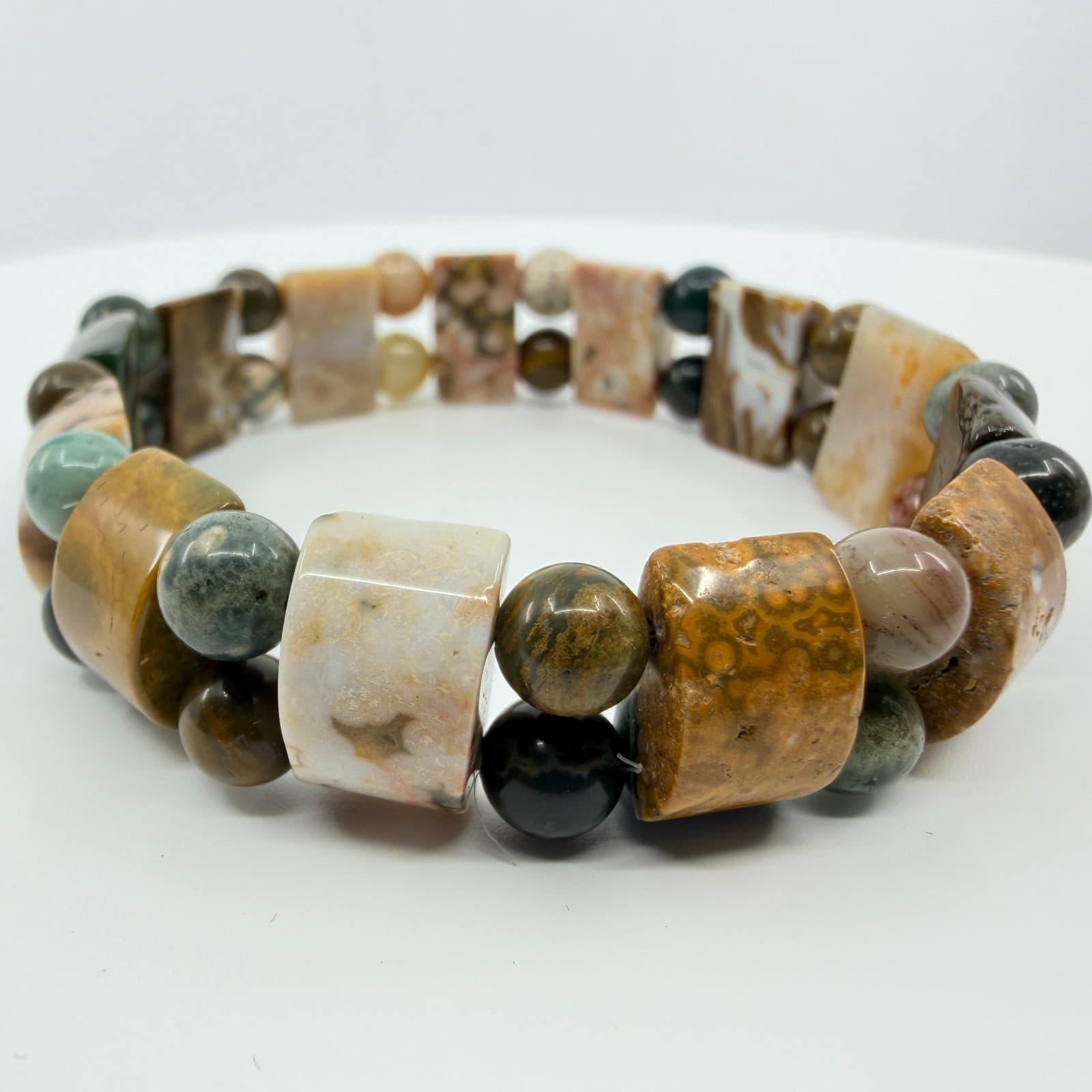 Vintage Earth Tone Beaded Bracelet Chunky Multi Row Stretch Statement Bold Y2K - Thumbnail 4
