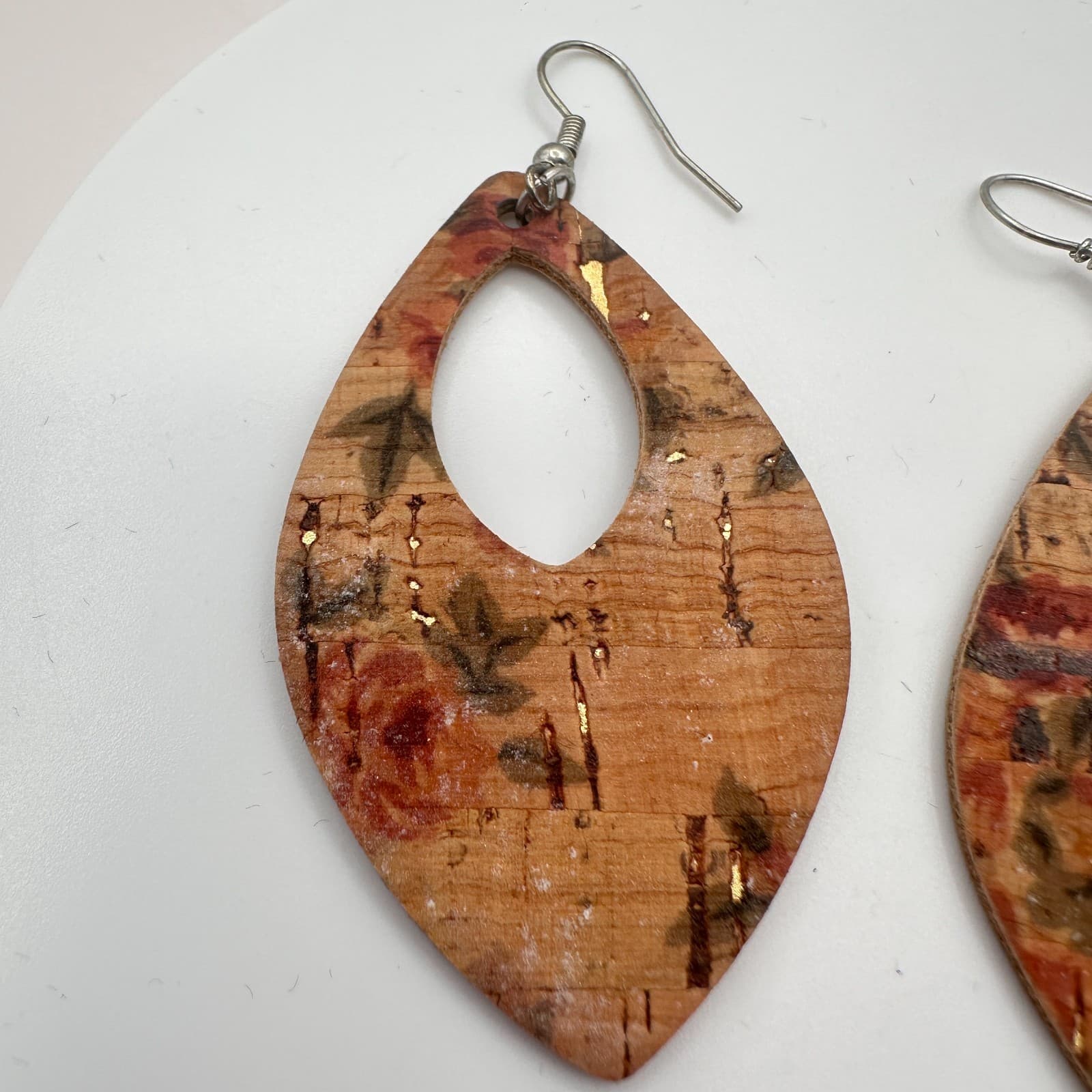Vintage 80s Brown Cork Hoop Earrings Hypallergenic Silver Tone Statement Jewelry - Thumbnail 4