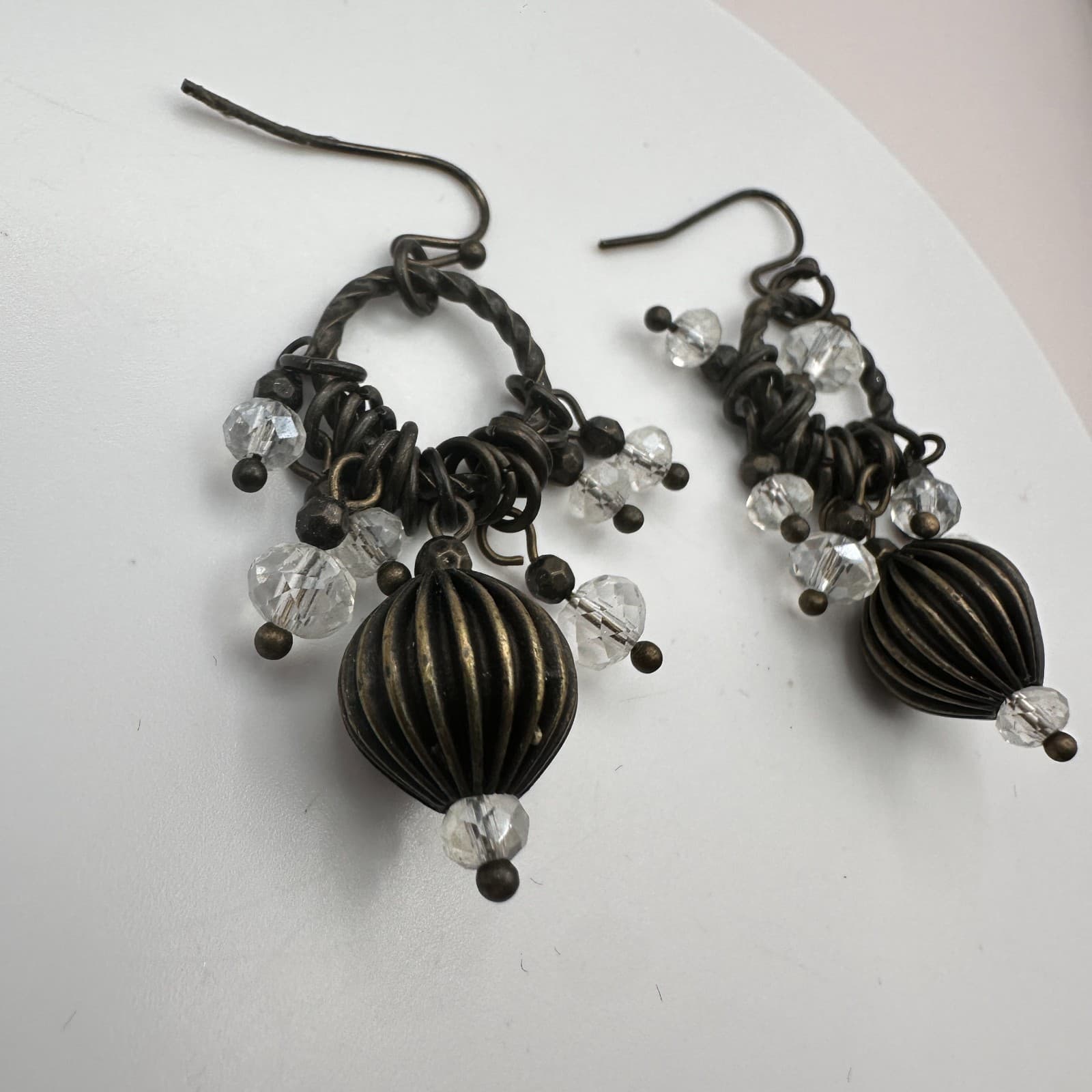Vintage 90s Bronze Tone Glass Beaded Dangle Earrings Women's Classic Jewelry - Thumbnail 5