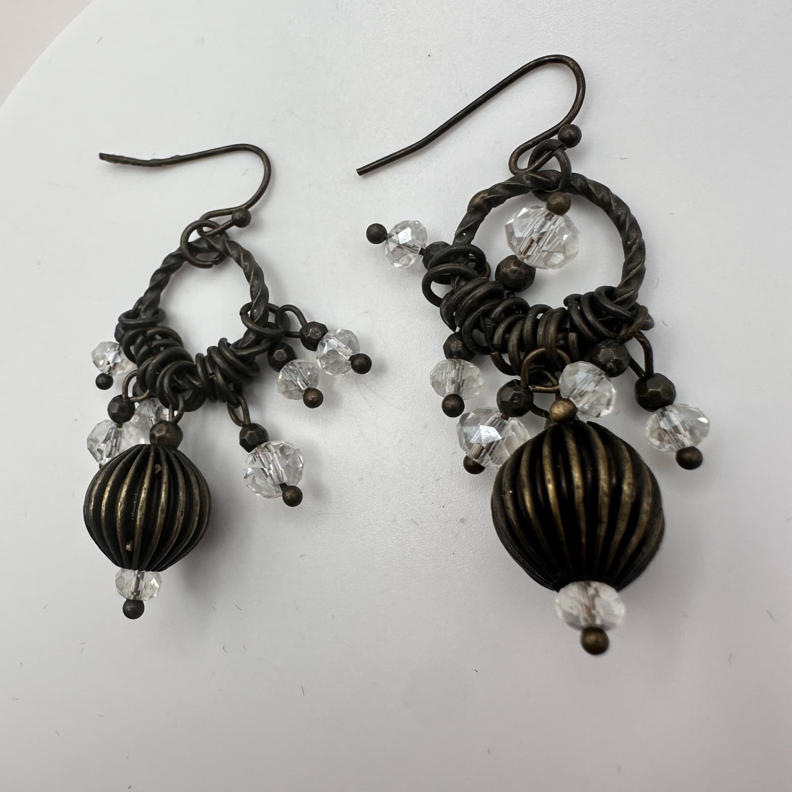 Vintage 90s Bronze Tone Glass Beaded Dangle Earrings Women's Classic Jewelry - Thumbnail 6