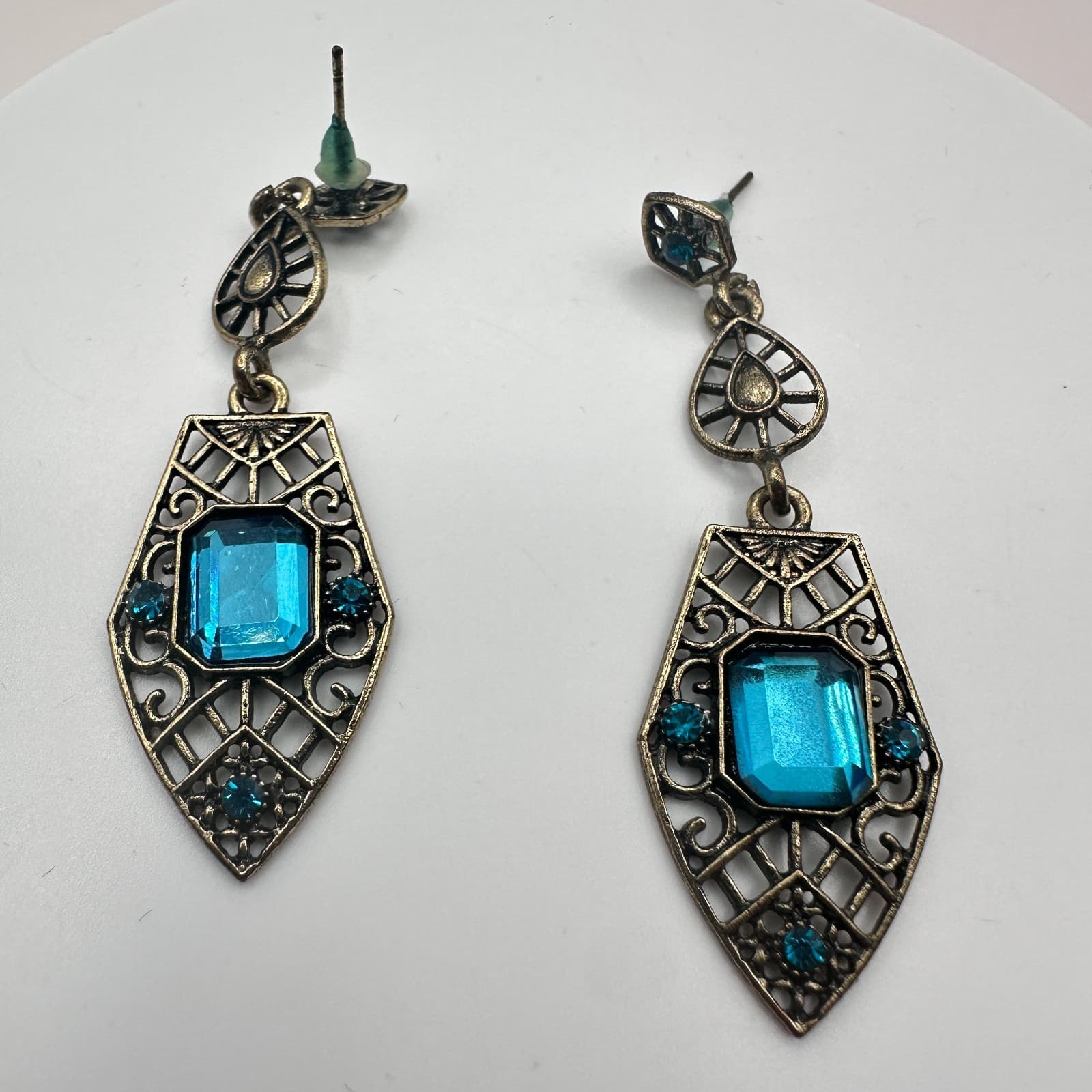 Vintage 90s Deco Aquamarine Dangle Earrings Silver Tone Filigree Classic Jewelry - Thumbnail 3