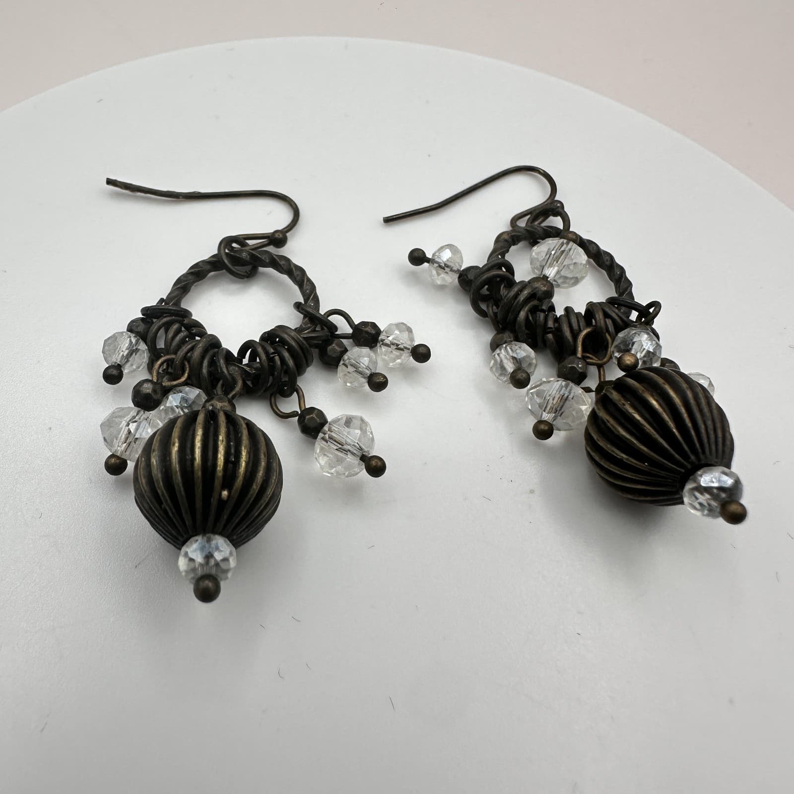 Vintage 90s Bronze Tone Glass Beaded Dangle Earrings Women's Classic Jewelry - Thumbnail 4
