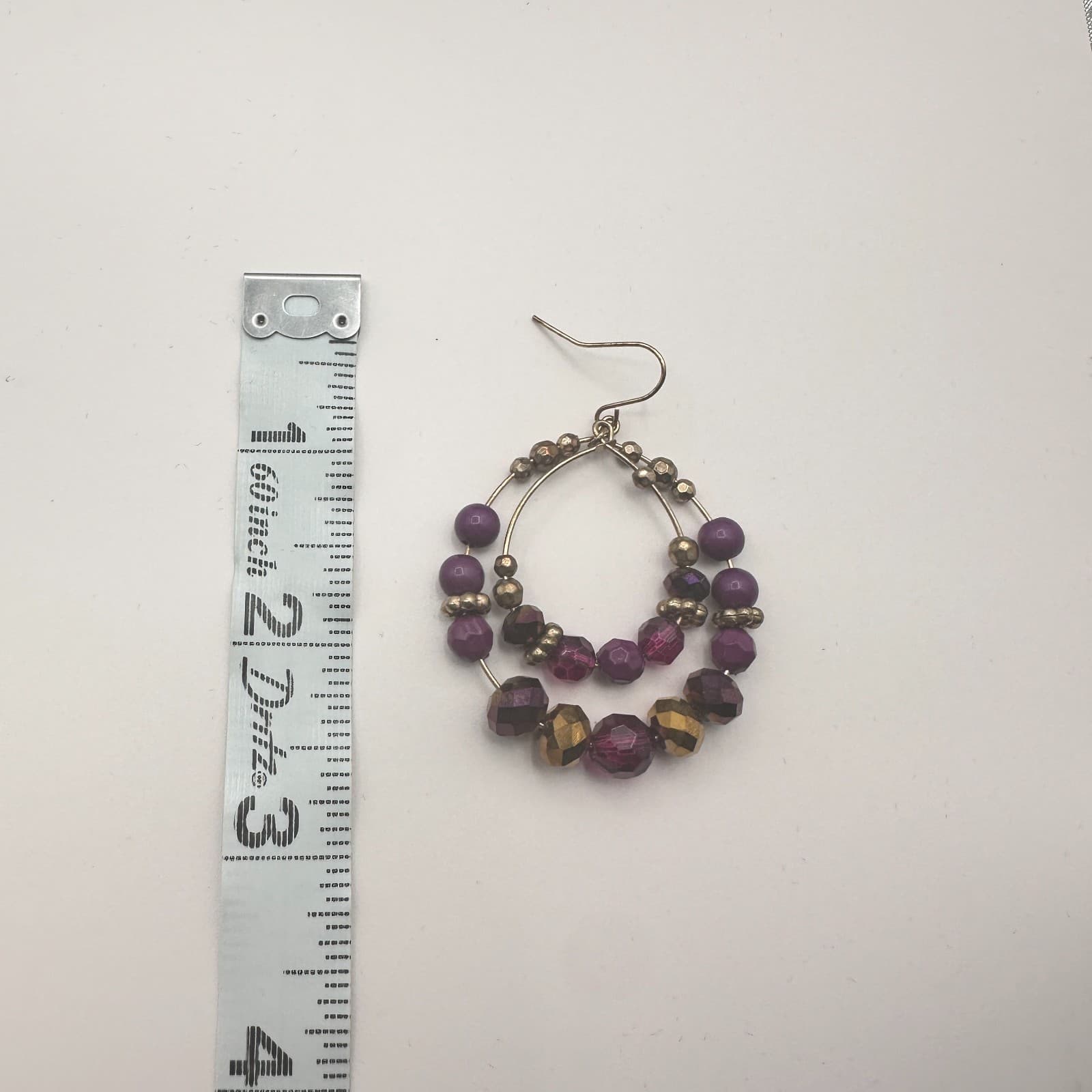 Vintage Y2K Gold Tone Purple Glass Beaded Double Hoop Earrings Women's Jewelry - Thumbnail 7