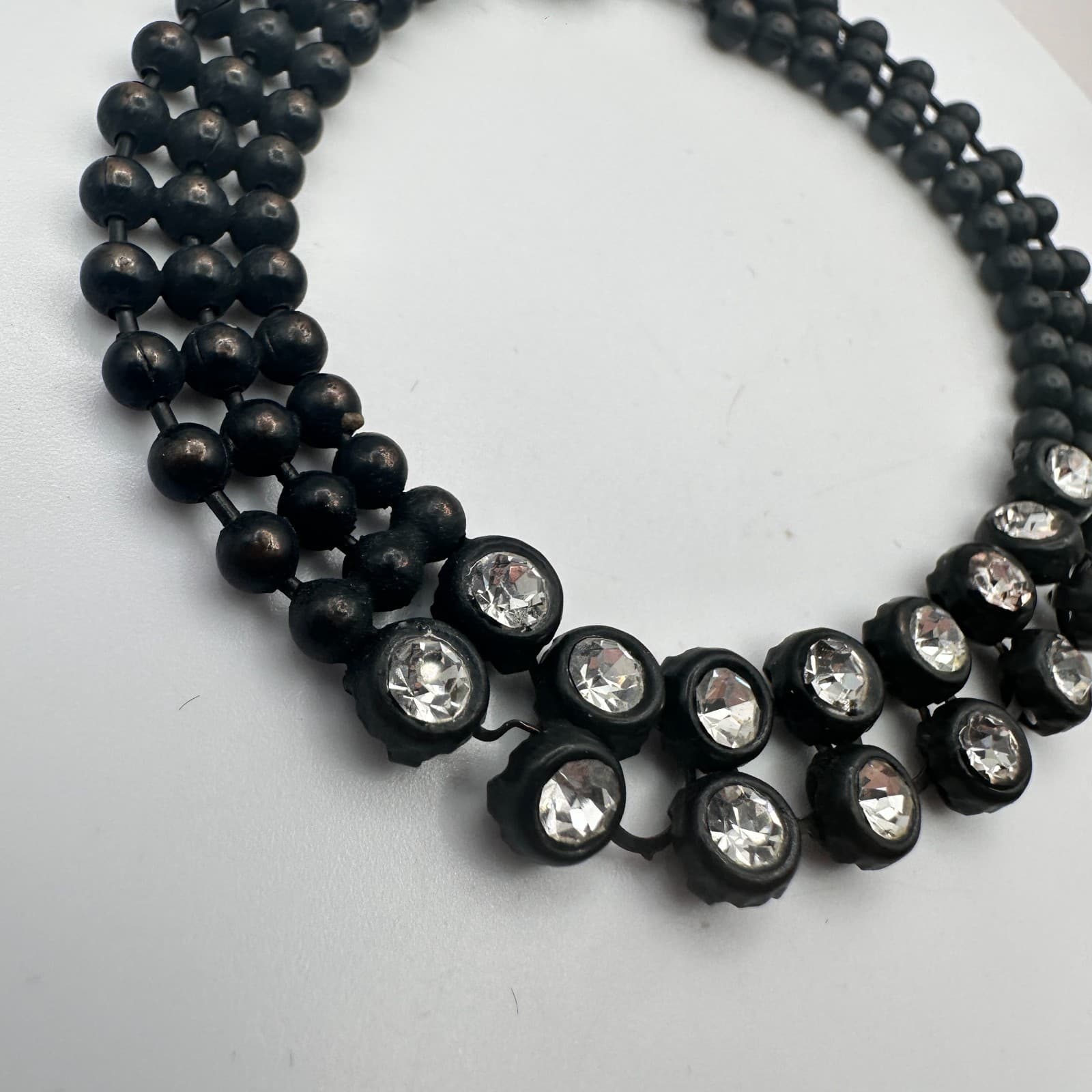 Vintage 80s Triple Strand Matte Onyx Bead Bracelet Woven Pave Statement Jewelry - Thumbnail 4
