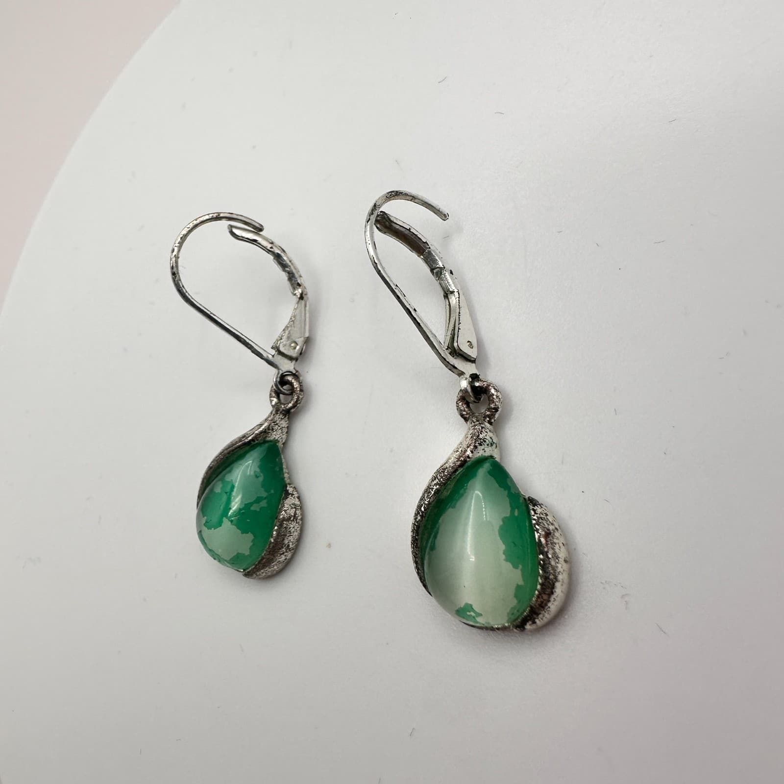 Vintage 80s Silver Tone Moss Agate Teardrop Earrings Filigree Lever back Jewelry - Thumbnail 4