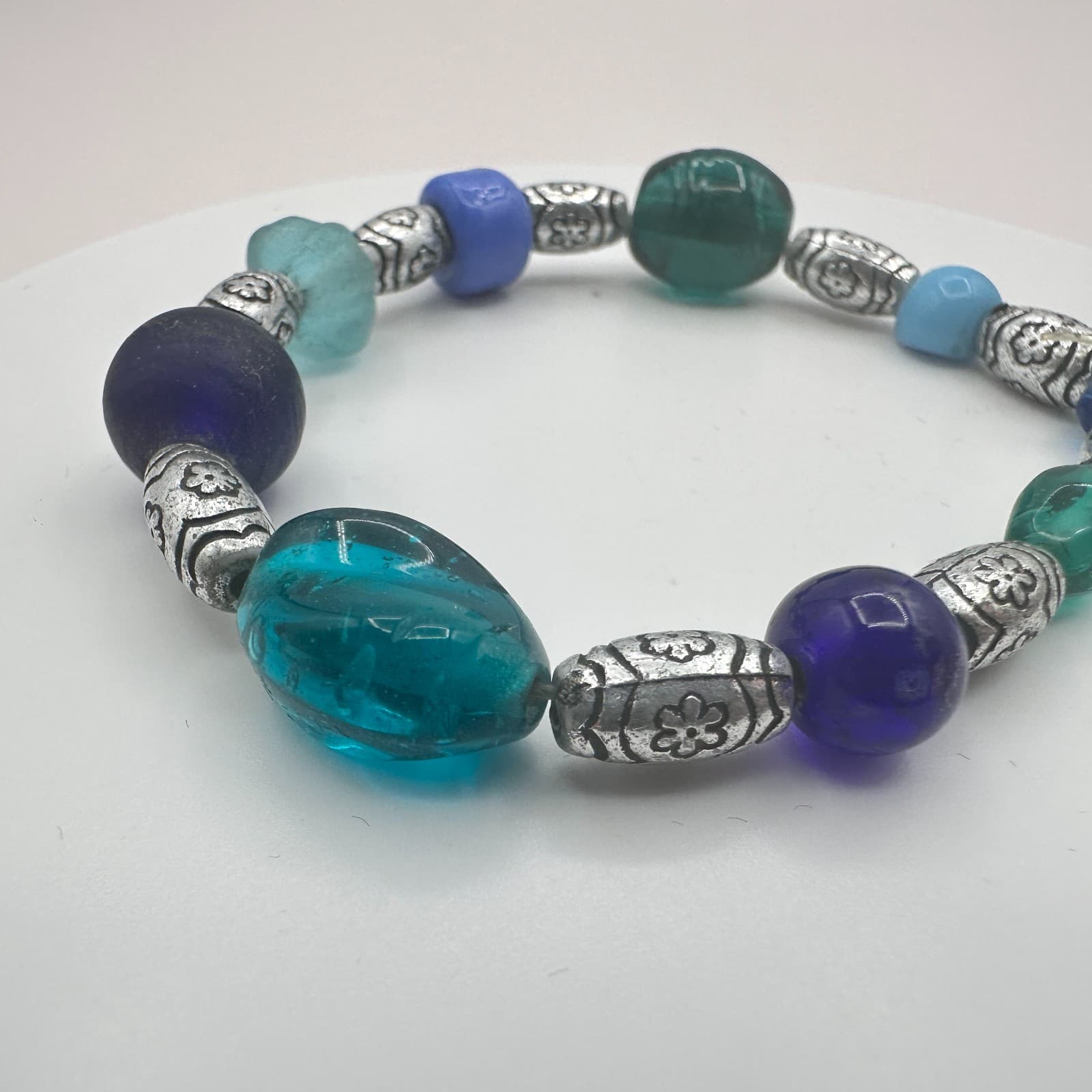 Vintage Y2K Silver Tone Stretch Beaded Bracelet Boho Women's Classic Jewelry - Thumbnail 4