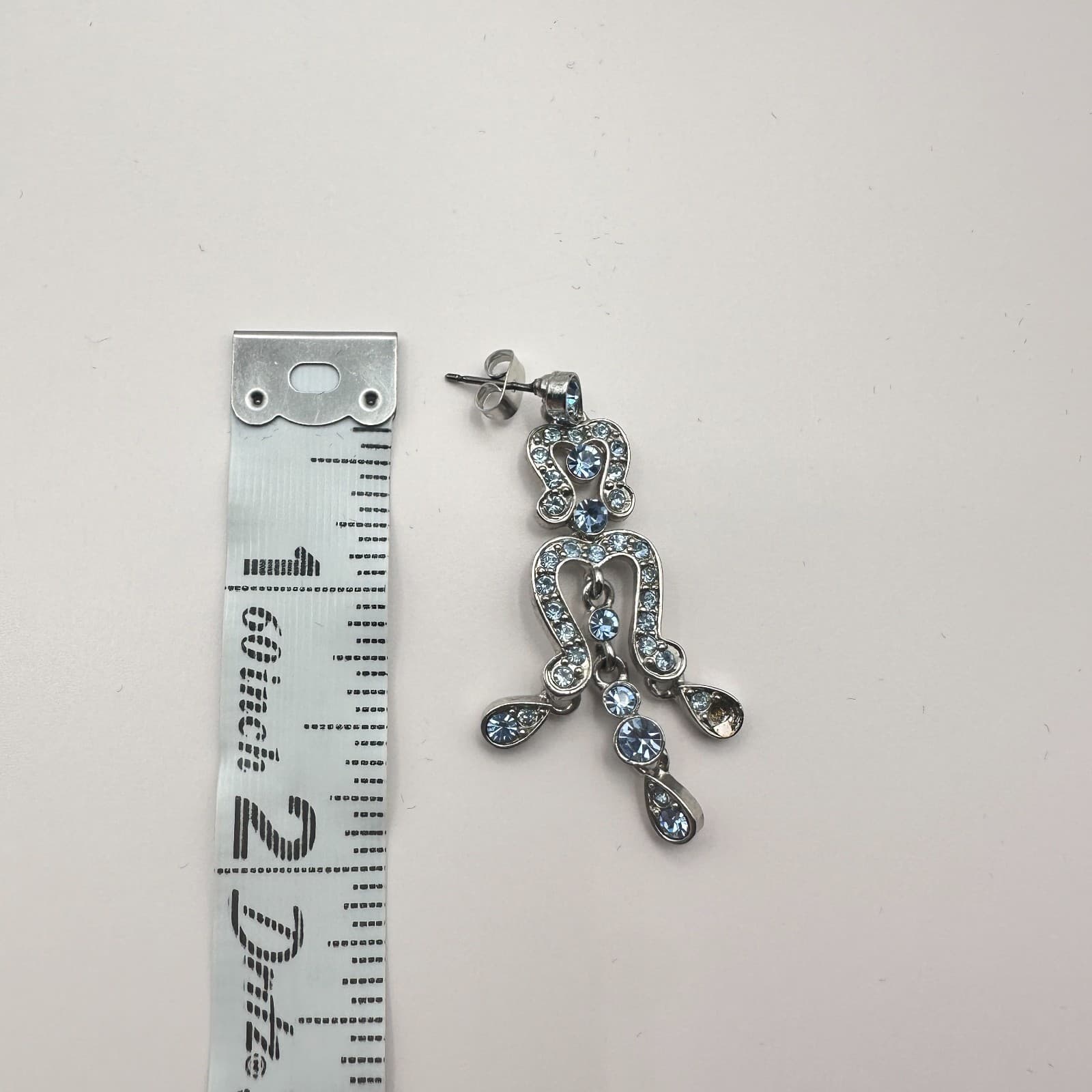 Vintage 80s Blue Topaz Rhinestone Earrings Silver Tone Dangle Retro Jewelry - Thumbnail 5