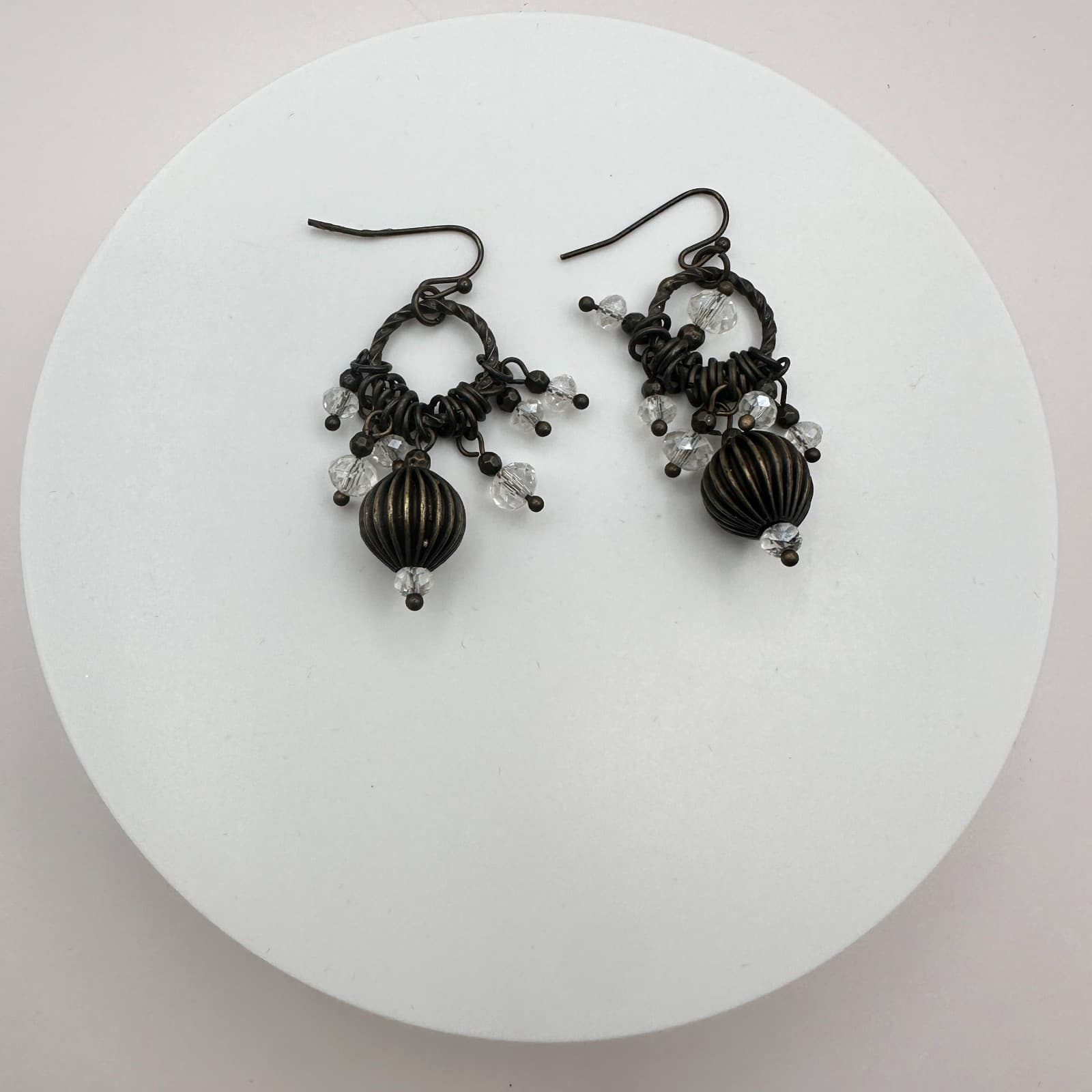 Vintage 90s Bronze Tone Glass Beaded Dangle Earrings Women's Classic Jewelry - Thumbnail 3