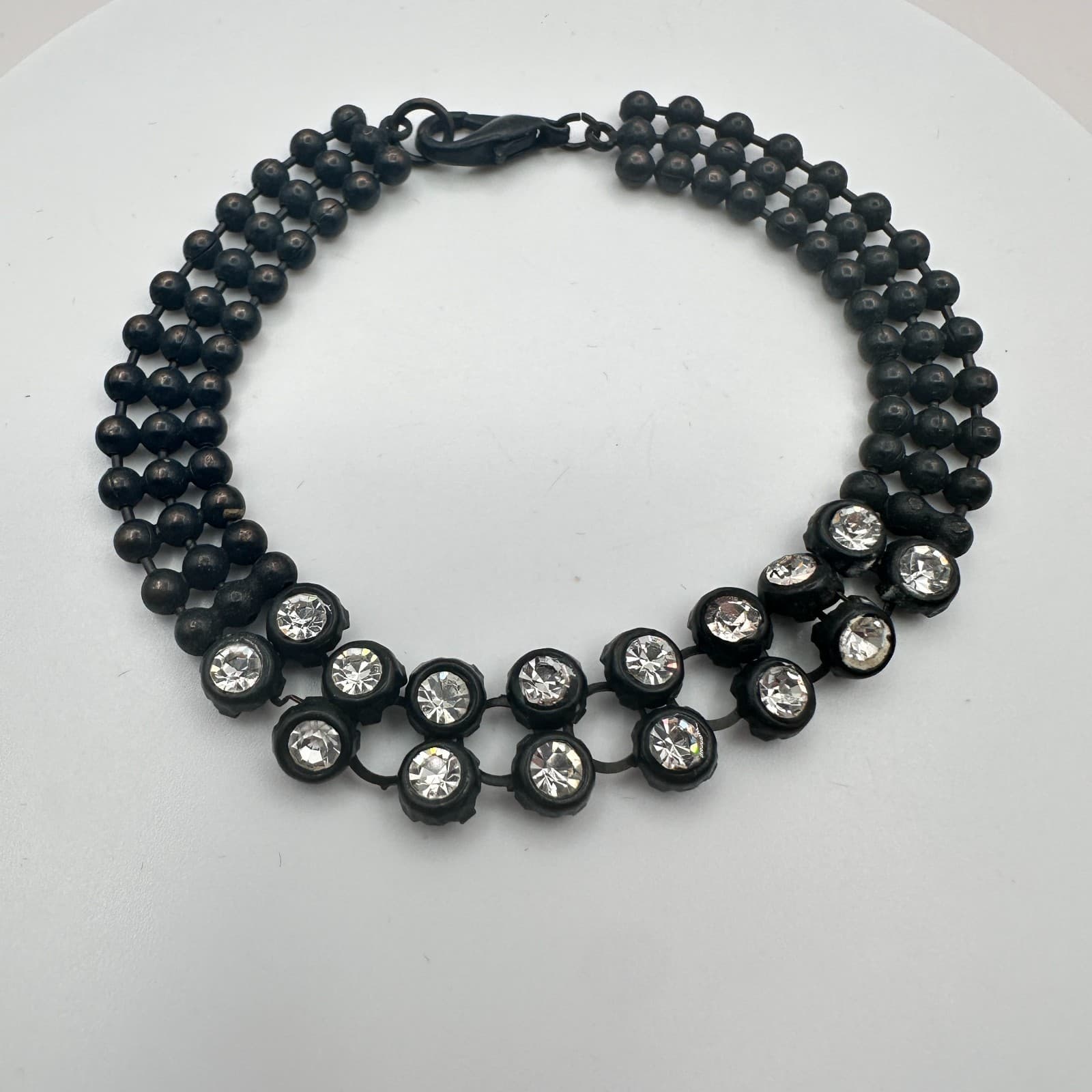 Vintage 80s Triple Strand Matte Onyx Bead Bracelet Woven Pave Statement Jewelry - Thumbnail 3