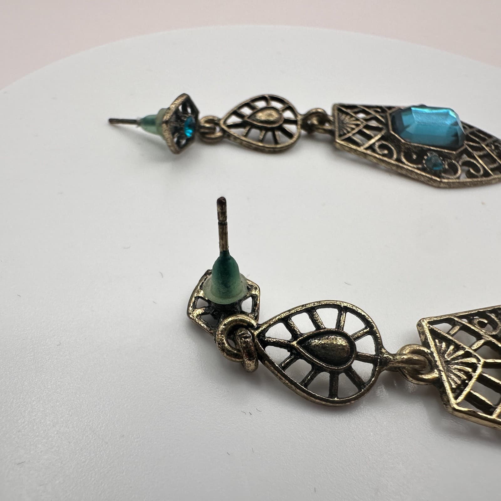 Vintage 90s Deco Aquamarine Dangle Earrings Silver Tone Filigree Classic Jewelry - Thumbnail 5