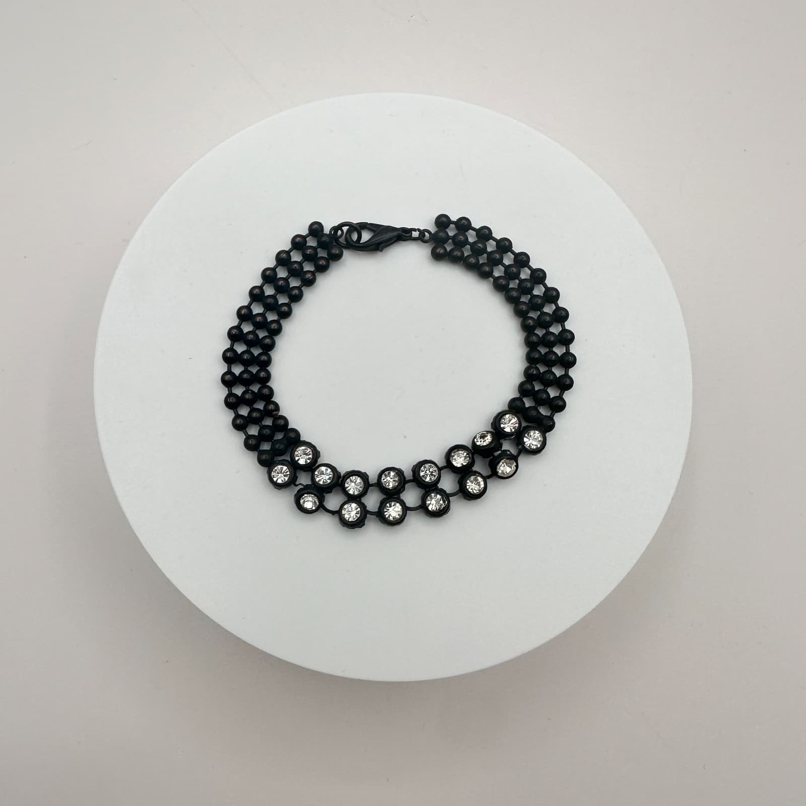Vintage 80s Triple Strand Matte Onyx Bead Bracelet Woven Pave Statement Jewelry - Thumbnail 6