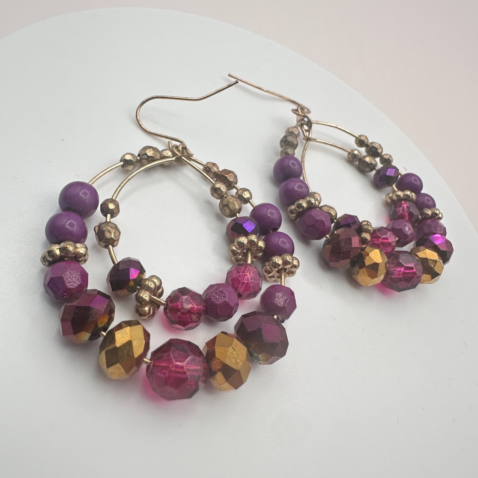 Vintage Y2K Gold Tone Purple Glass Beaded Double Hoop Earrings Women's Jewelry - Thumbnail 4