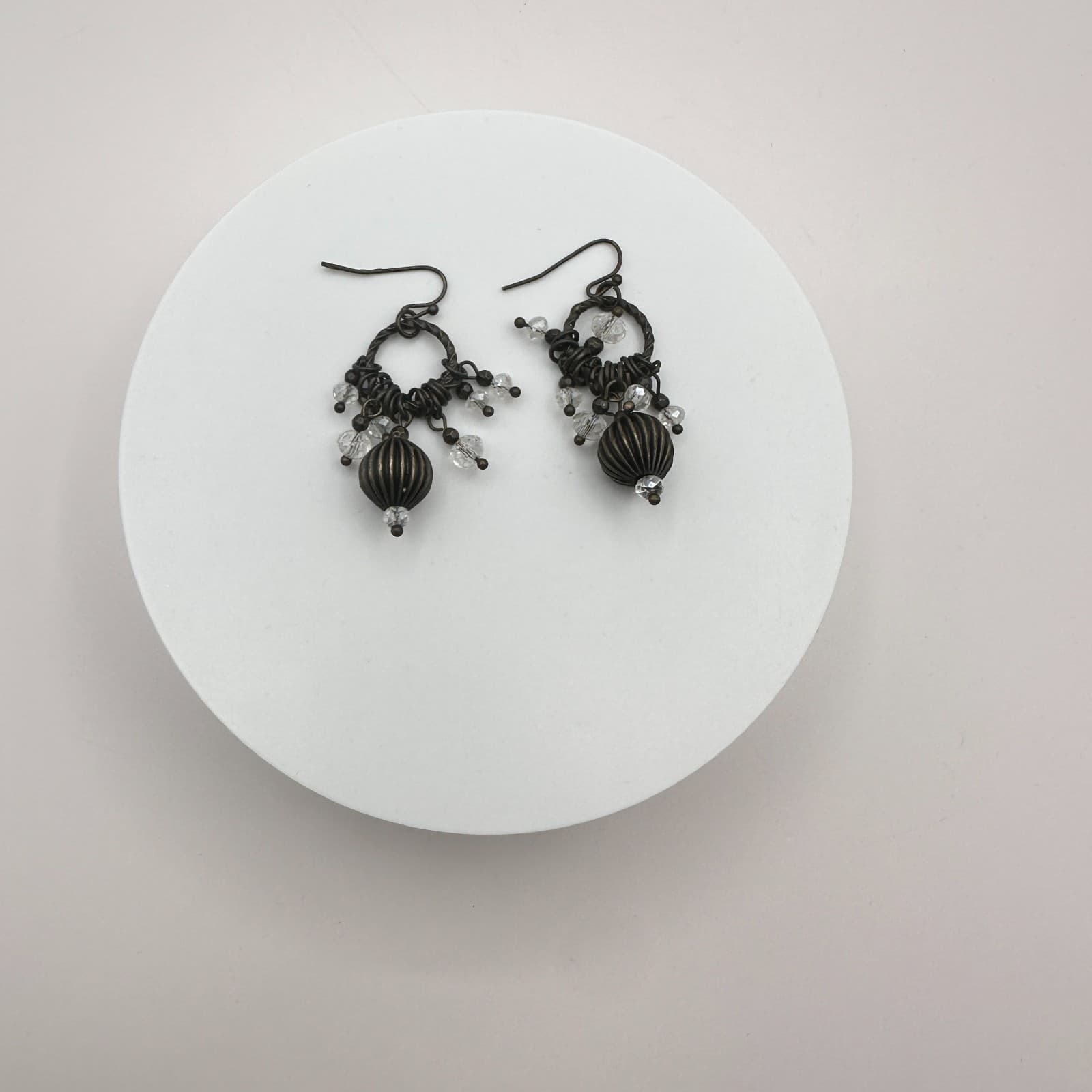 Vintage 90s Bronze Tone Glass Beaded Dangle Earrings Women's Classic Jewelry - Thumbnail 2