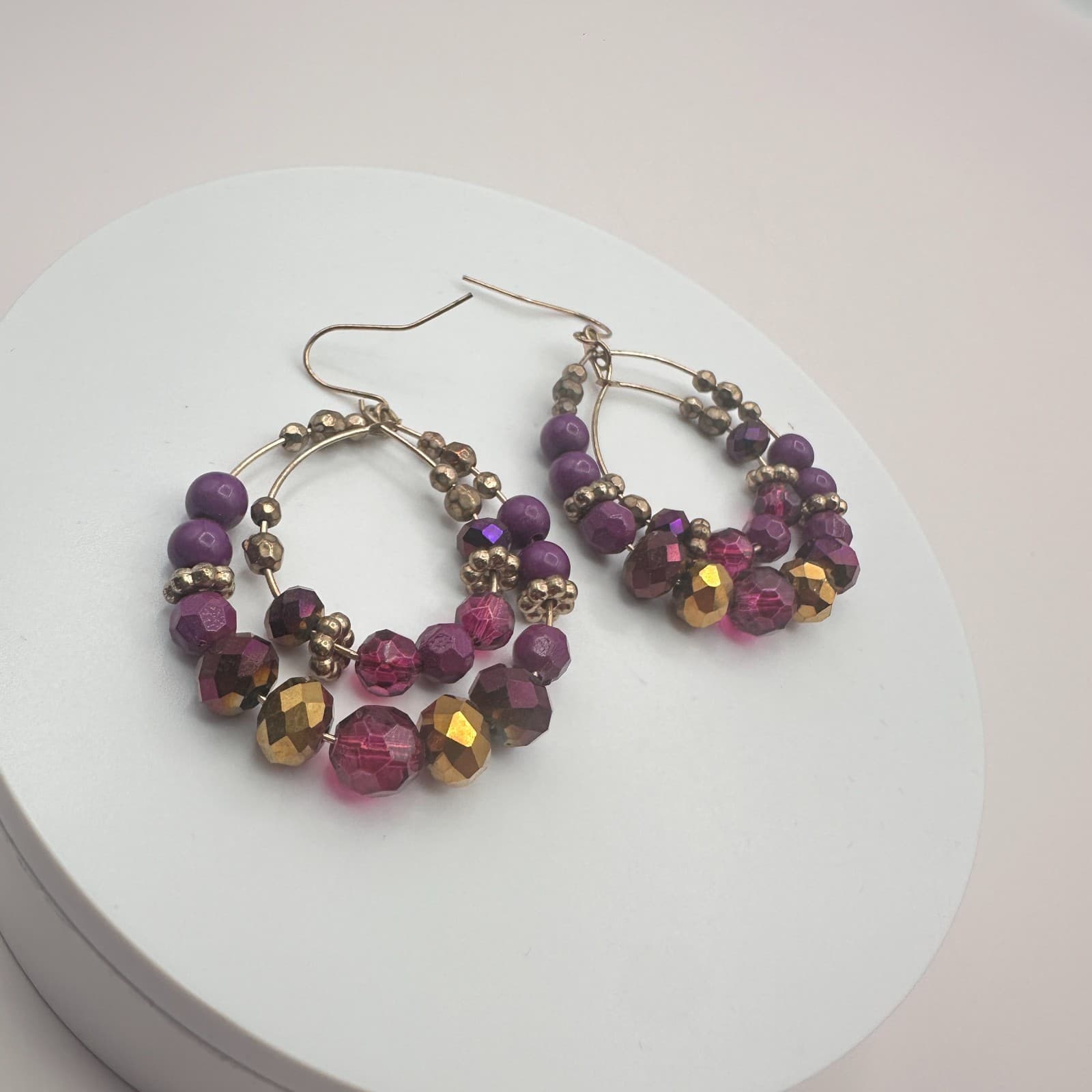 Vintage Y2K Gold Tone Purple Glass Beaded Double Hoop Earrings Women's Jewelry - Thumbnail 5