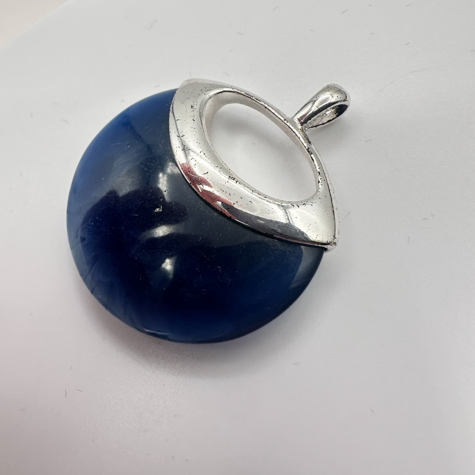 Vintage 90s Silver Tone Blue Glass Round Pendant Boho Statement Women's Jewelry - Thumbnail 6