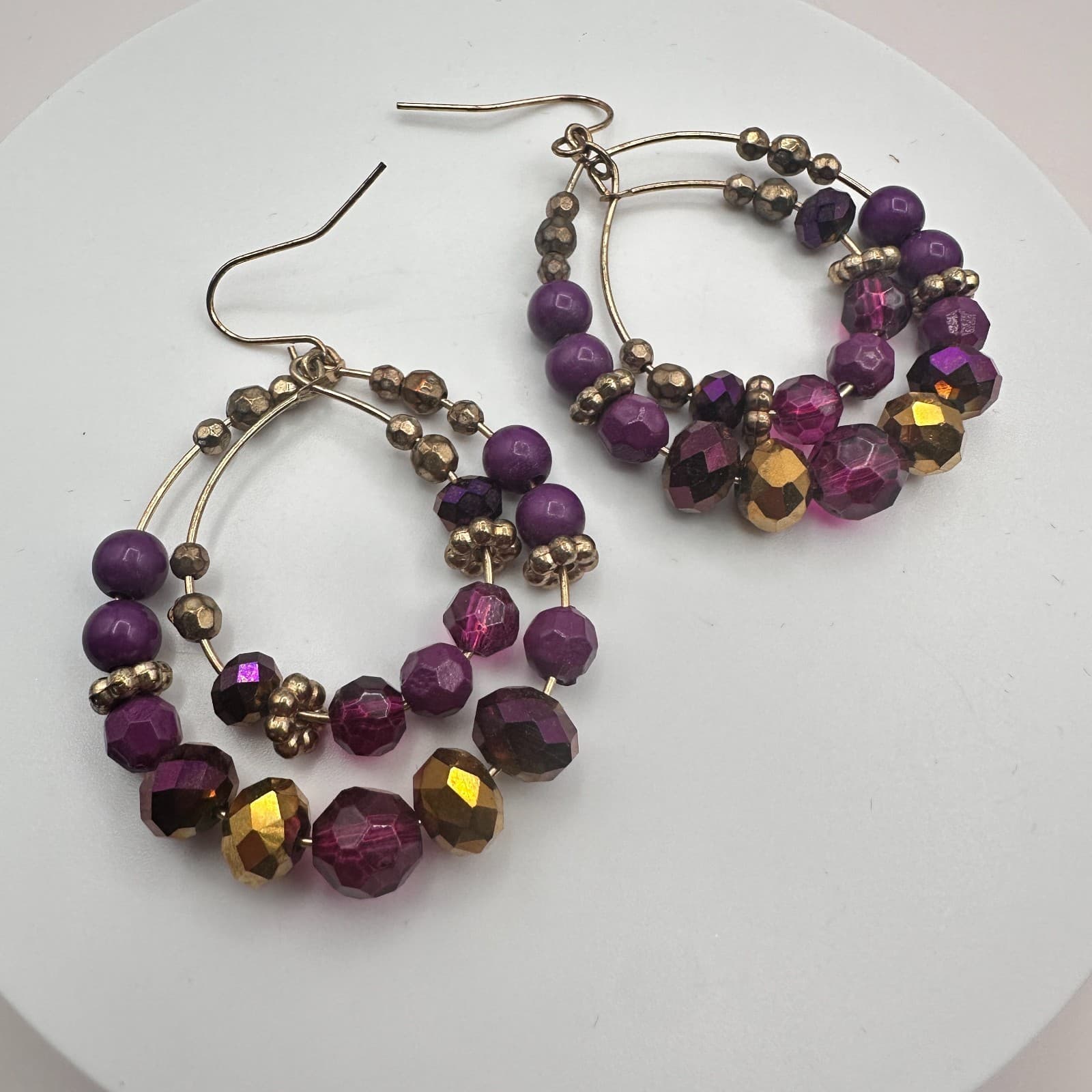 Vintage Y2K Gold Tone Purple Glass Beaded Double Hoop Earrings Women's Jewelry - Thumbnail 6