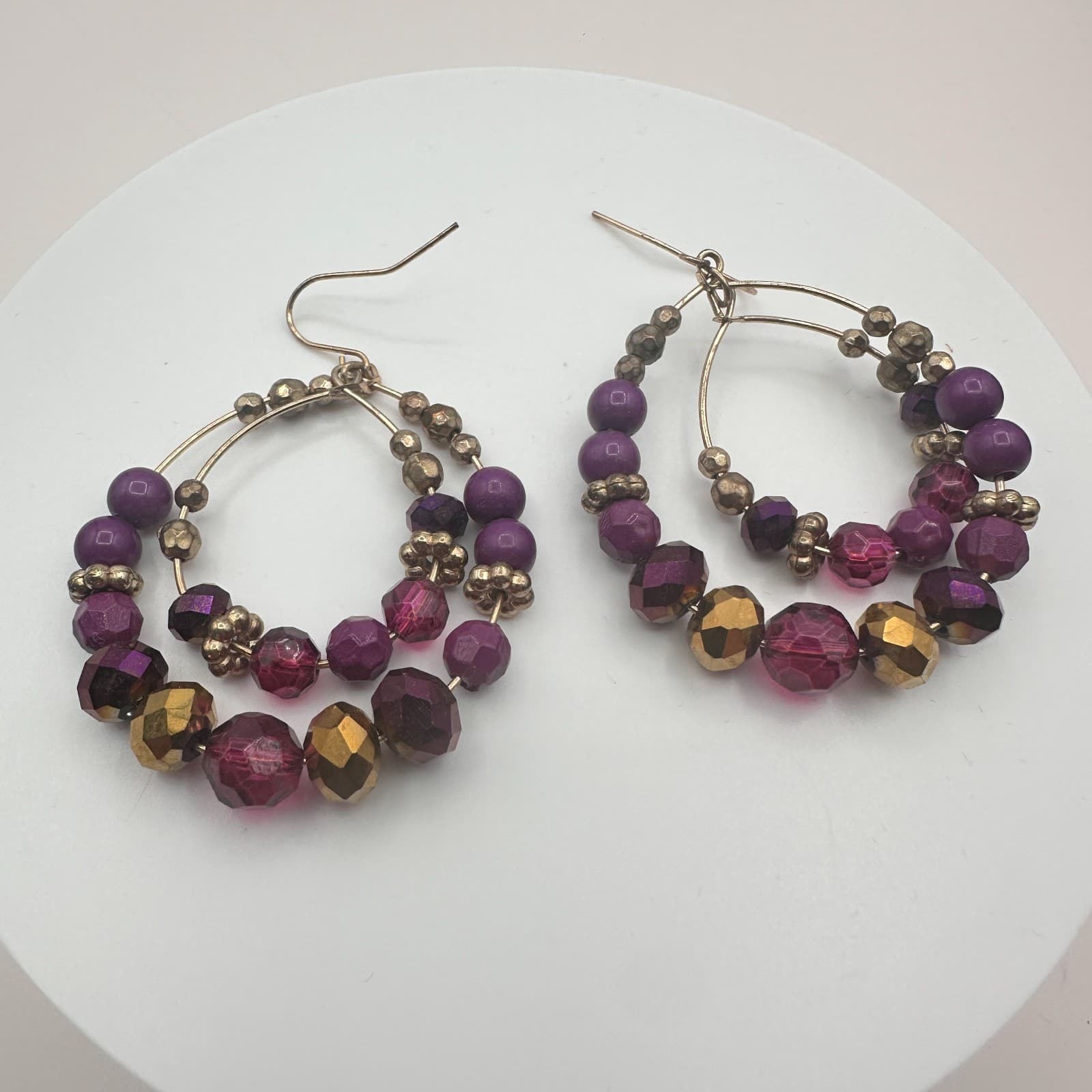 Vintage Y2K Gold Tone Purple Glass Beaded Double Hoop Earrings Women's Jewelry - Thumbnail 3