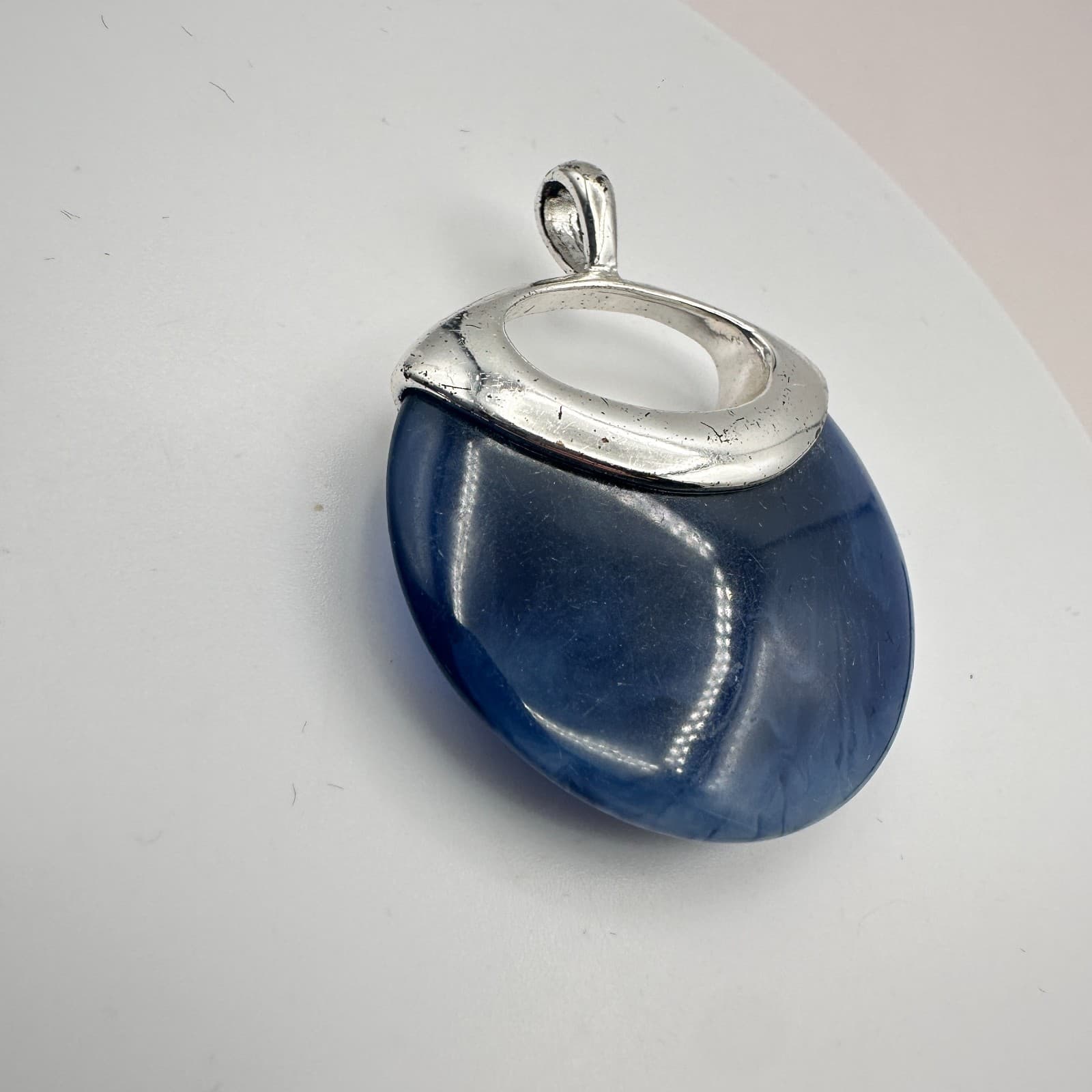 Vintage 90s Silver Tone Blue Glass Round Pendant Boho Statement Women's Jewelry - Thumbnail 4