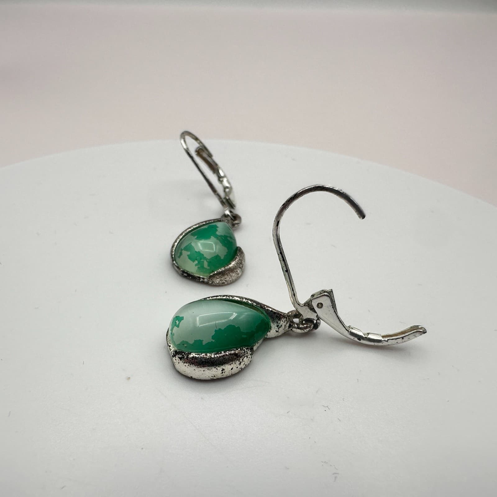 Vintage 80s Silver Tone Moss Agate Teardrop Earrings Filigree Lever back Jewelry - Thumbnail 5