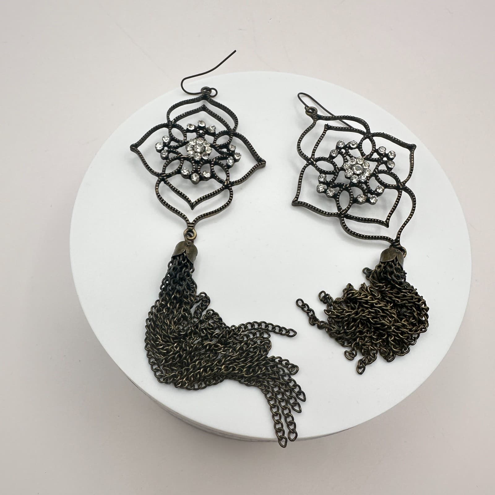 Vintage 80s Filigree Flower Earrings Dangle Tassel Statement Classic Jewelry - Thumbnail 6