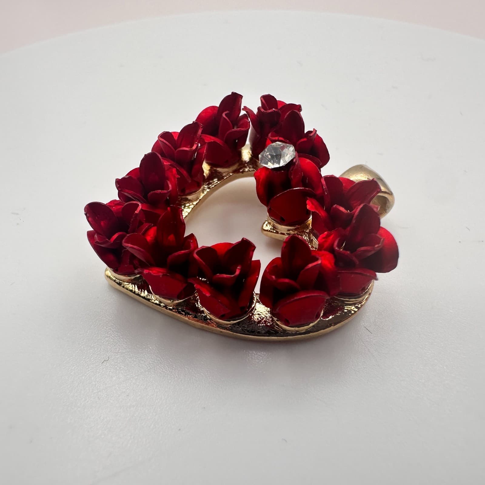 Vintage Y2K Red Rose Clear Rhinestone Floral Heart Pendant Gold Tone Jewelry - Thumbnail 6