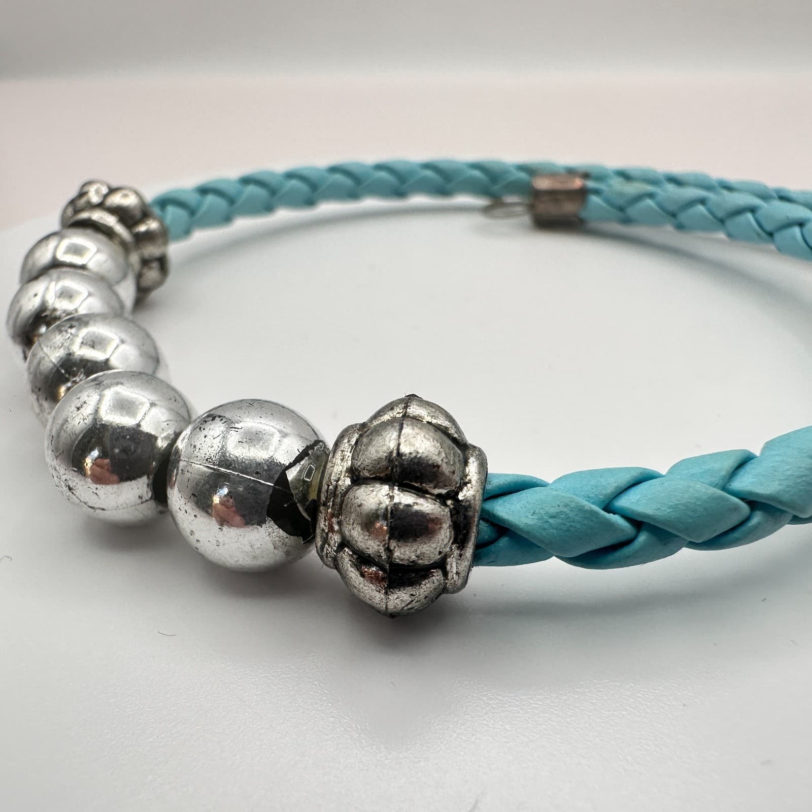 Vintage Y2K Silver Tone Beaded Leather Braided Bracelet Women's Classic Jewelry - Thumbnail 6