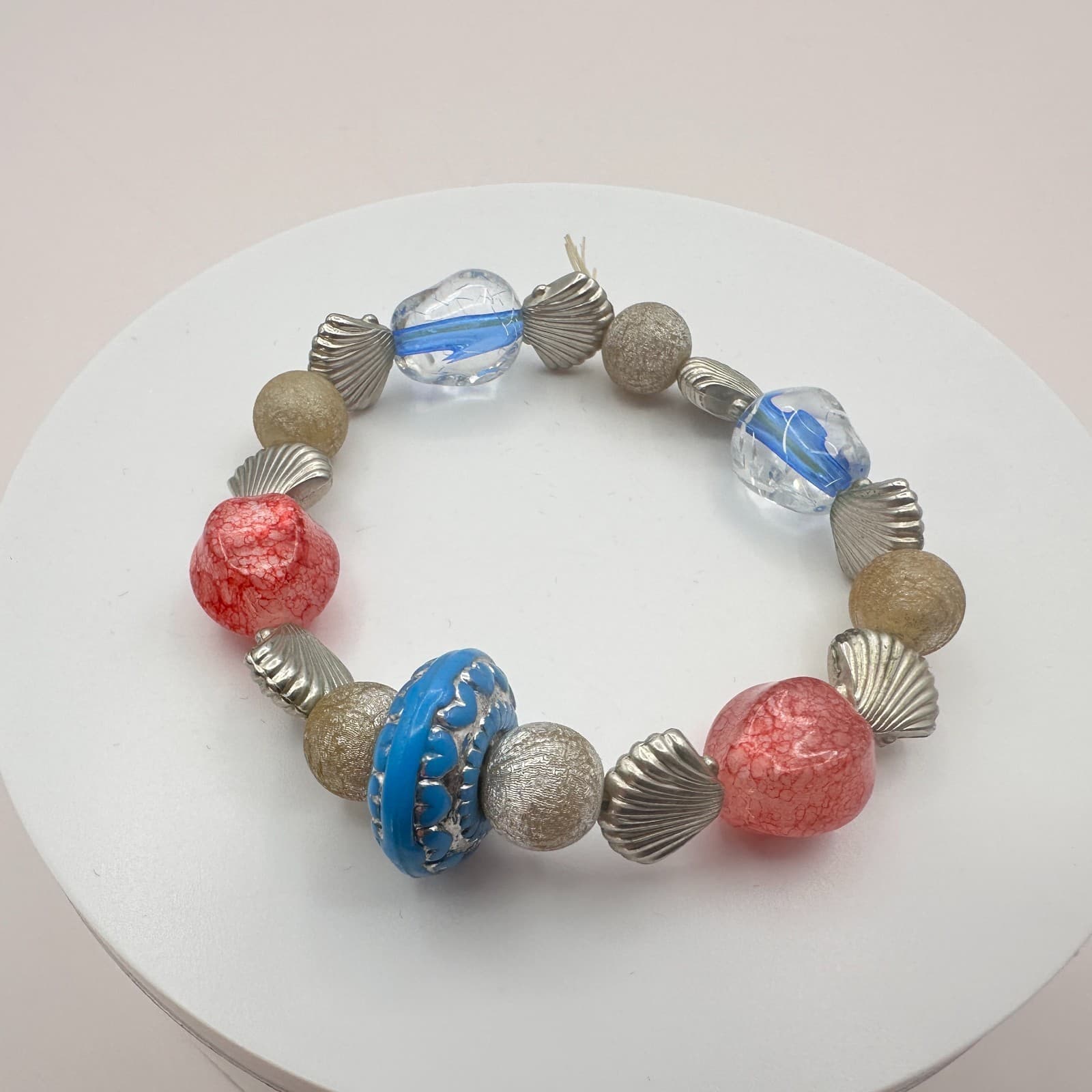 Vintage Y2K Silver Tone Stretch Shell Beaded Bracelet Women's Classic Jewelry - Thumbnail 3