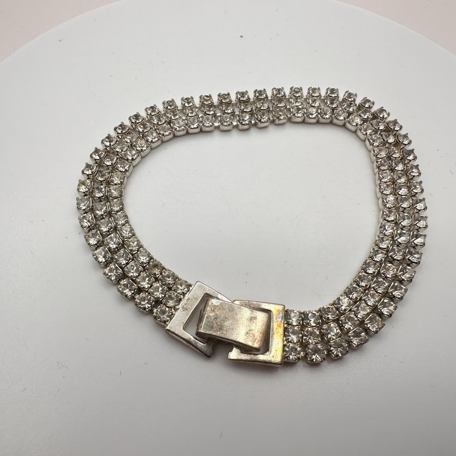 Vintage 50s Mid Century Clear Glass Silver Tone Tennis Bracelet Fashion Jewelry - Thumbnail 3