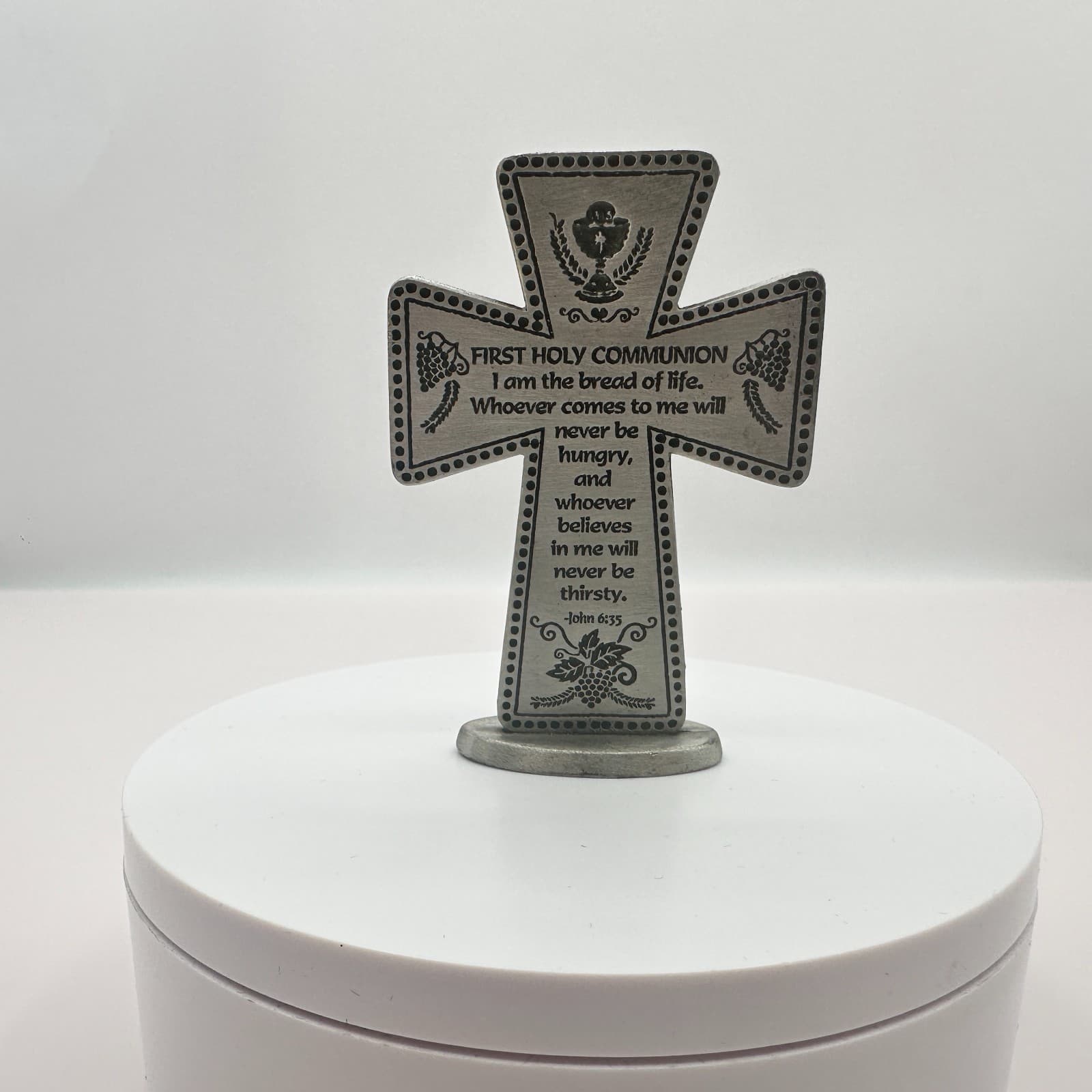 VTG 90s CAMCO Silver Tone First Holy Communion Standing Metal Cross John 6:35 - Thumbnail 5