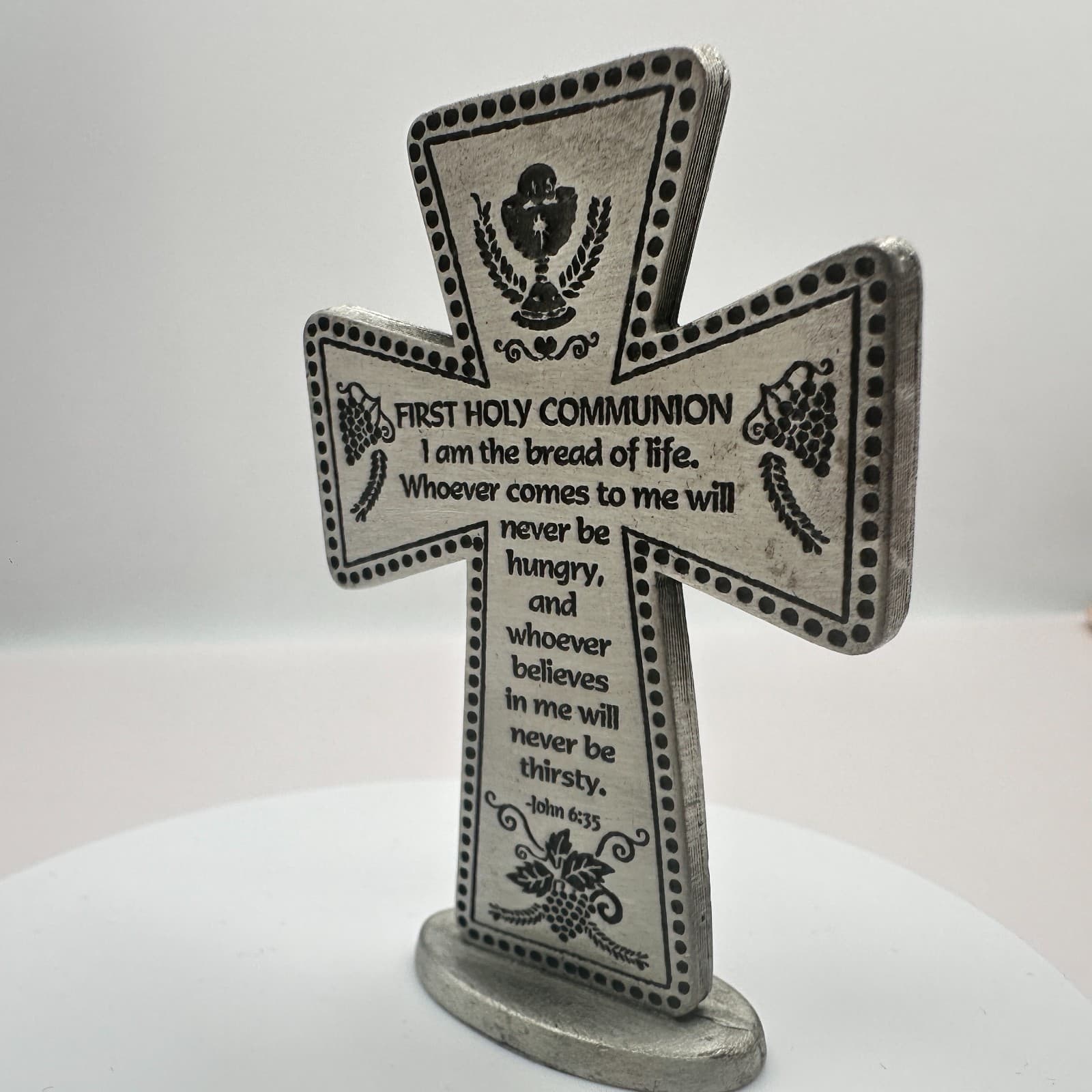 VTG 90s CAMCO Silver Tone First Holy Communion Standing Metal Cross John 6:35 - Thumbnail 3