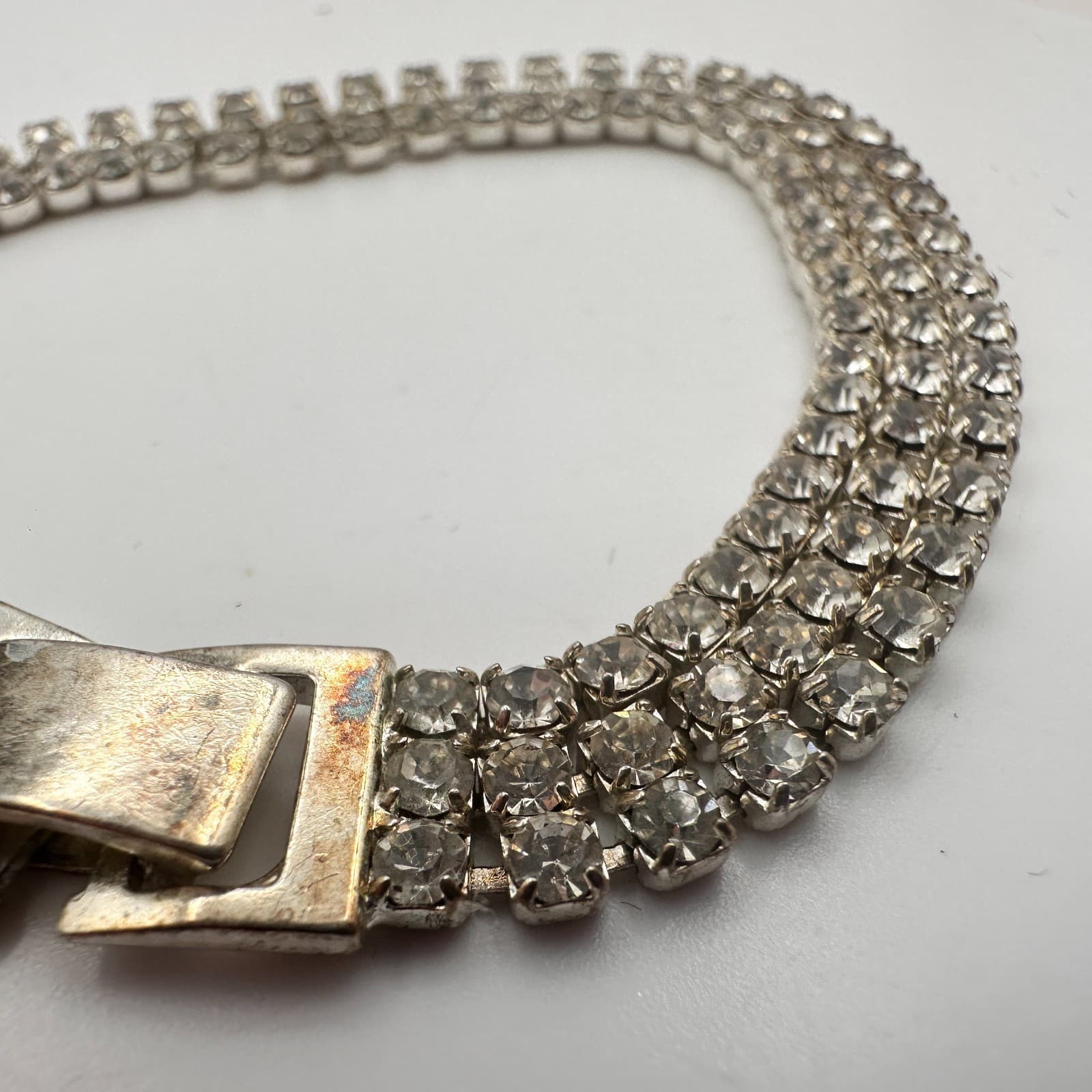 Vintage 50s Mid Century Clear Glass Silver Tone Tennis Bracelet Fashion Jewelry - Thumbnail 5