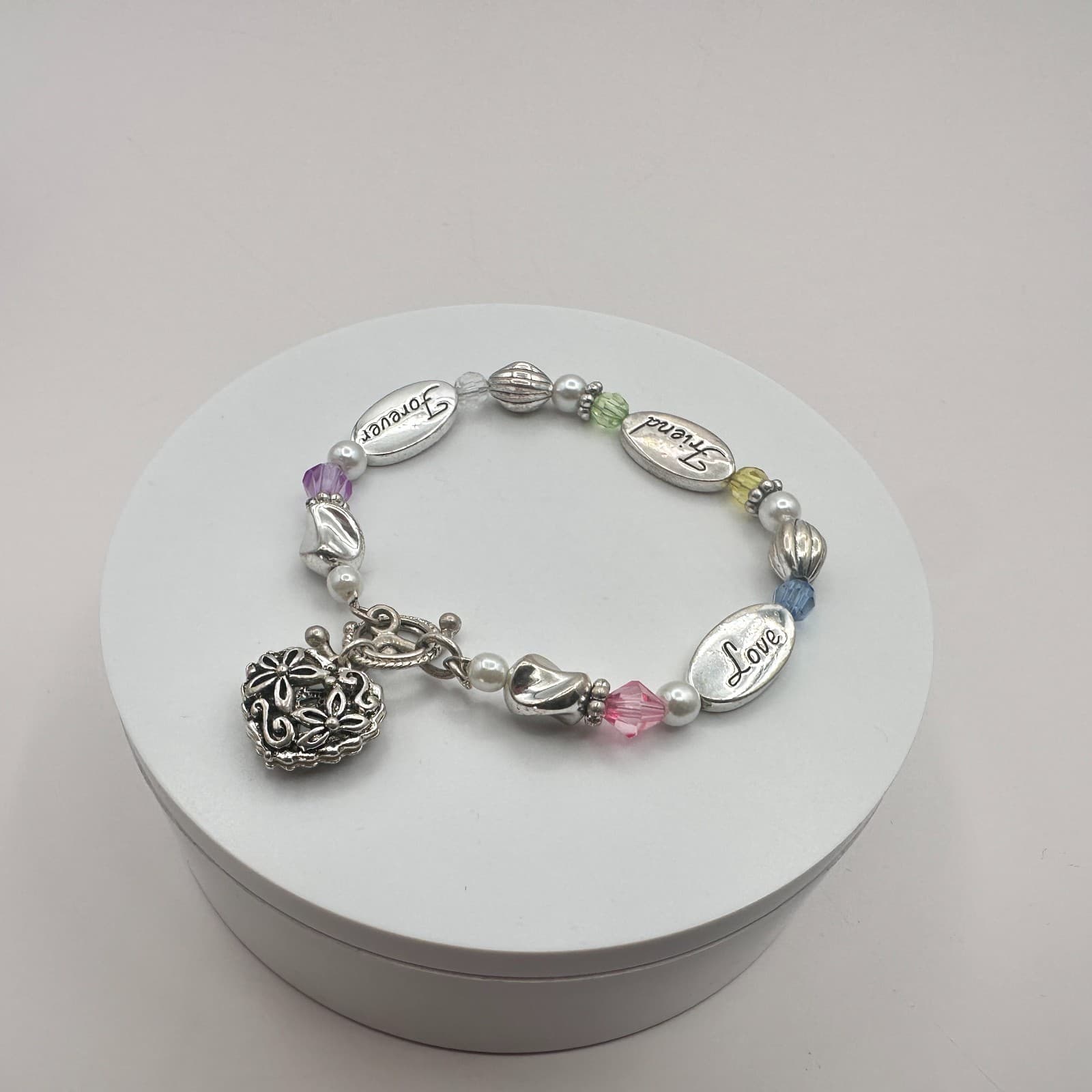 Vintage 90s Silver Tone Beaded Engraved Heart Charm Bracelet Women's Jewelry - Thumbnail 6