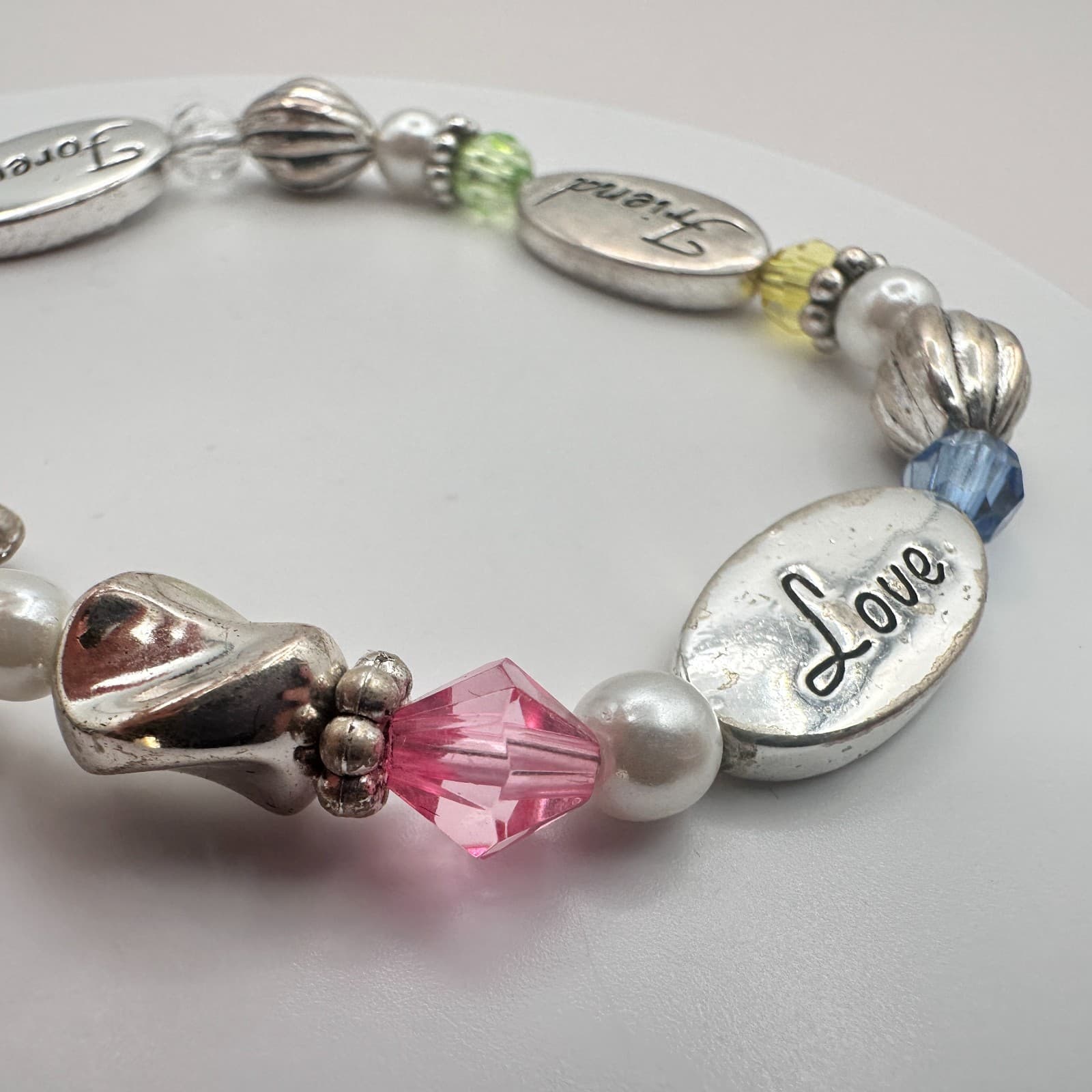 Vintage 90s Silver Tone Beaded Engraved Heart Charm Bracelet Women's Jewelry - Thumbnail 5