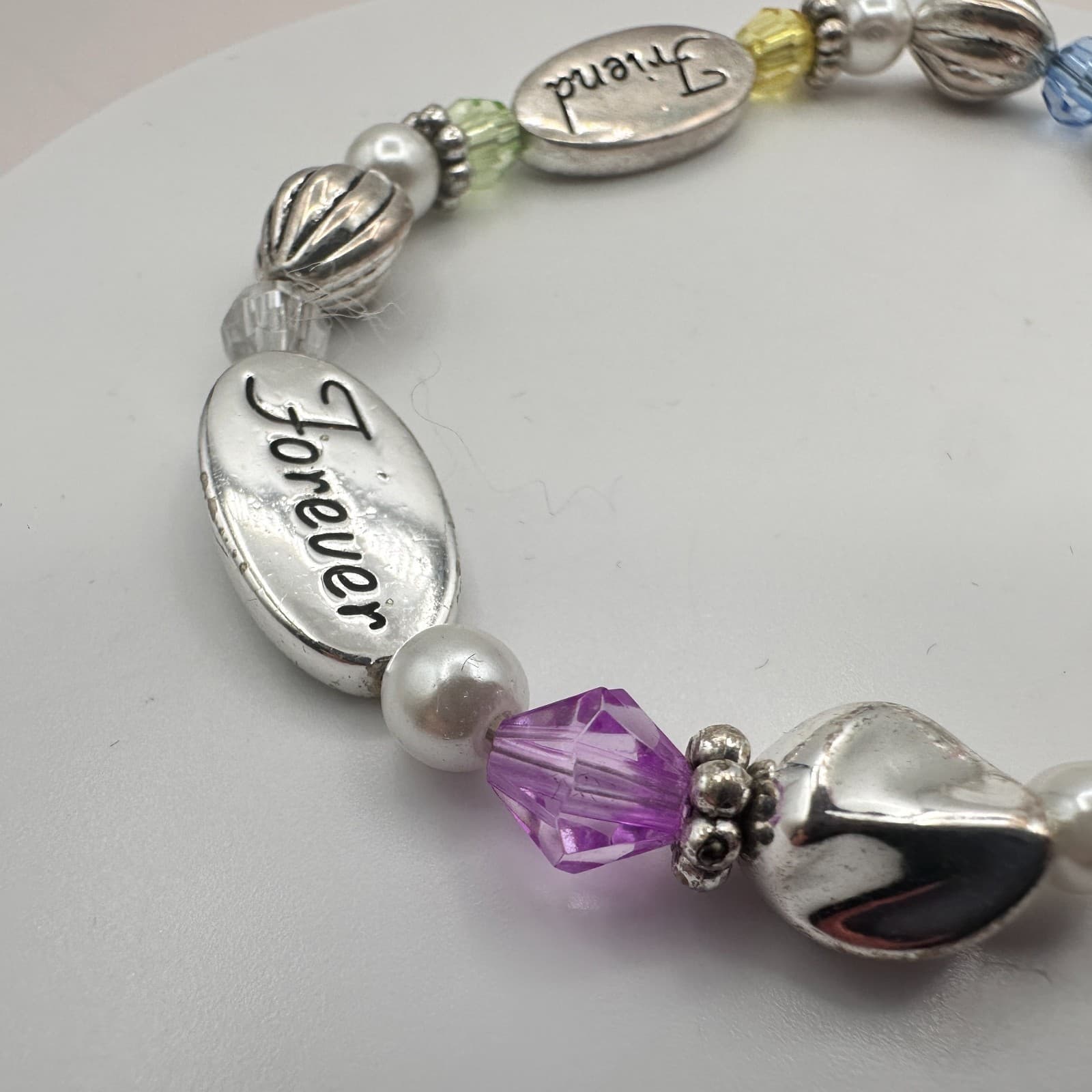 Vintage 90s Silver Tone Beaded Engraved Heart Charm Bracelet Women's Jewelry - Thumbnail 4
