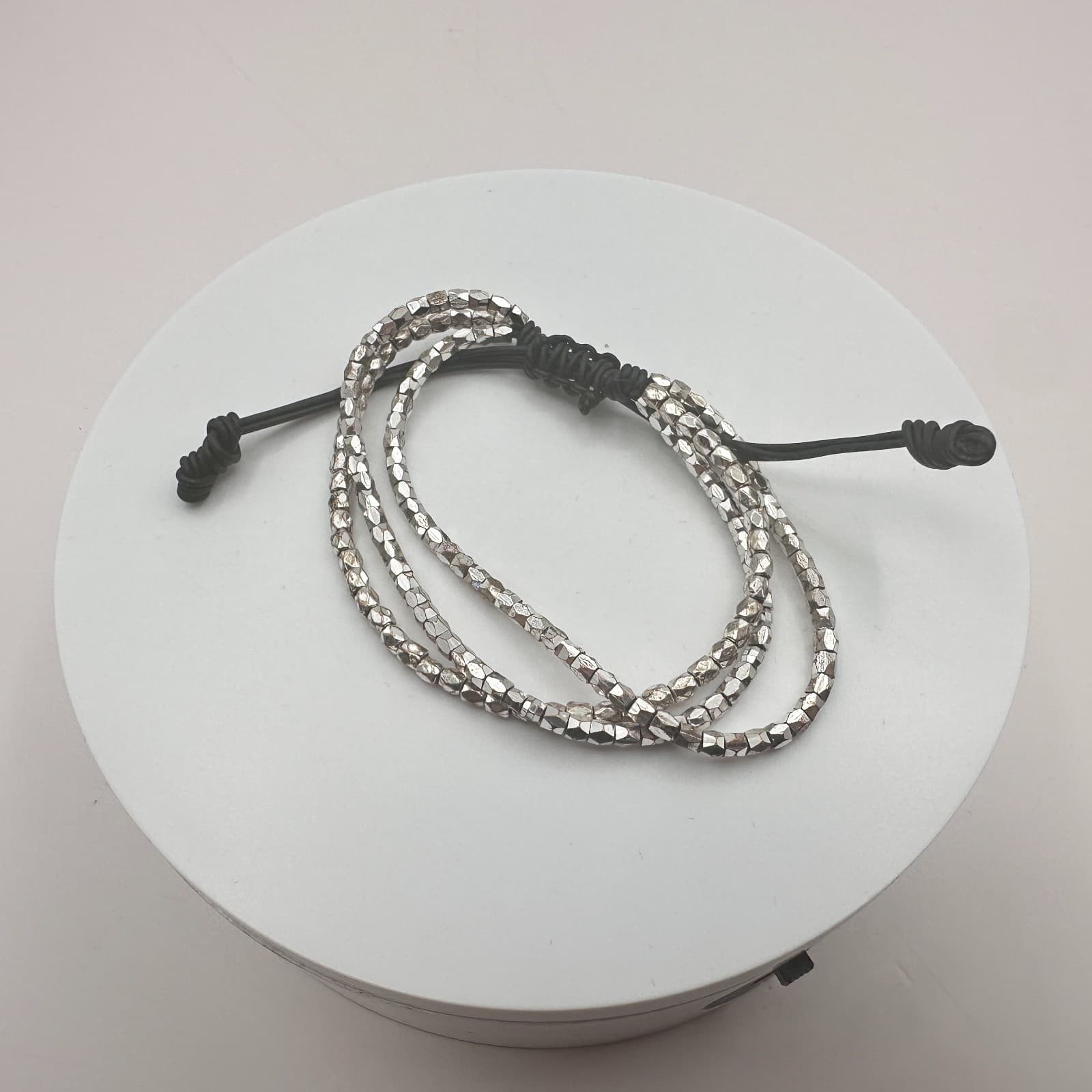 Vintage Y2K Silver Tone Multi Strand Black Cord Beaded Bracelet Women's Jewelry - Thumbnail 5