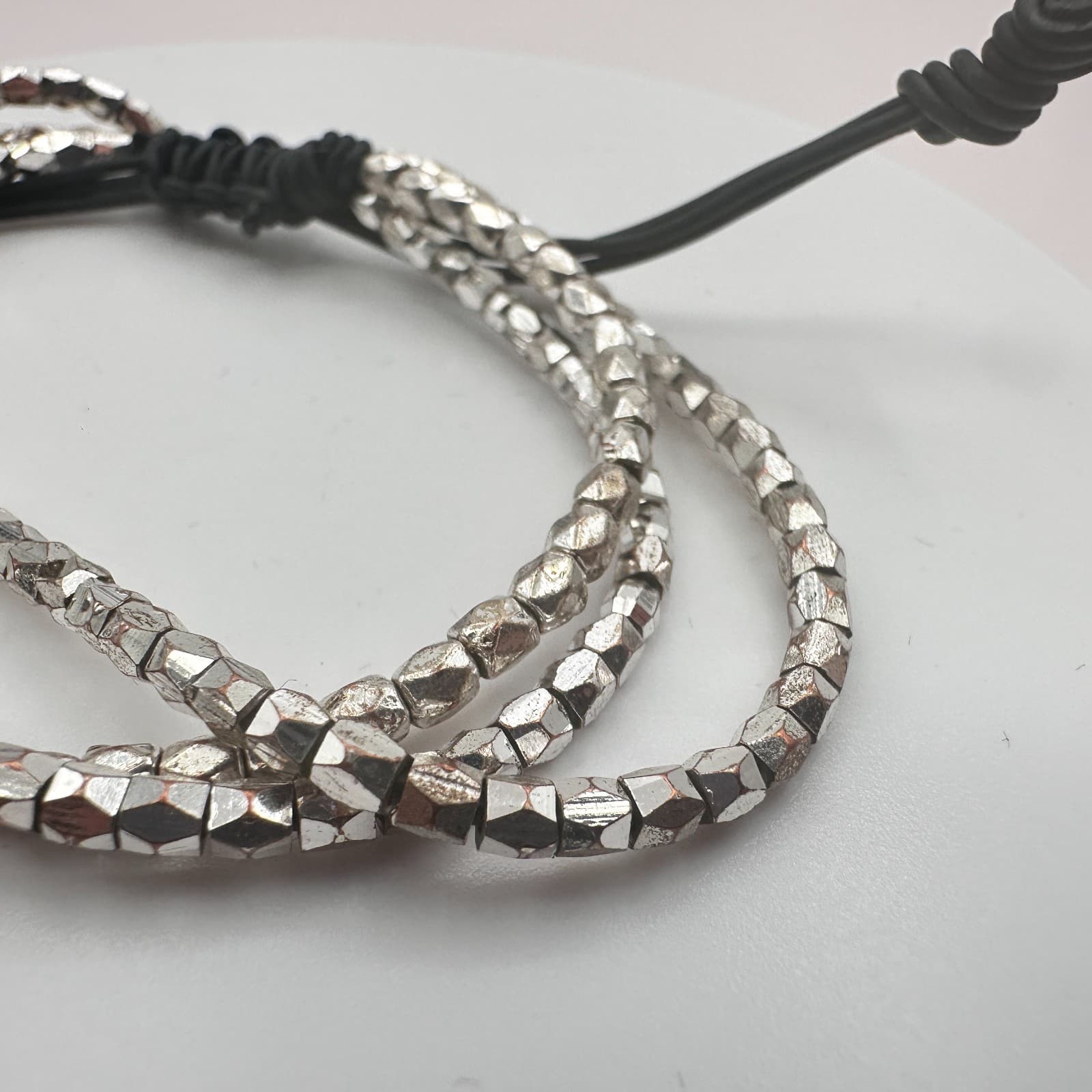 Vintage Y2K Silver Tone Multi Strand Black Cord Beaded Bracelet Women's Jewelry - Thumbnail 4